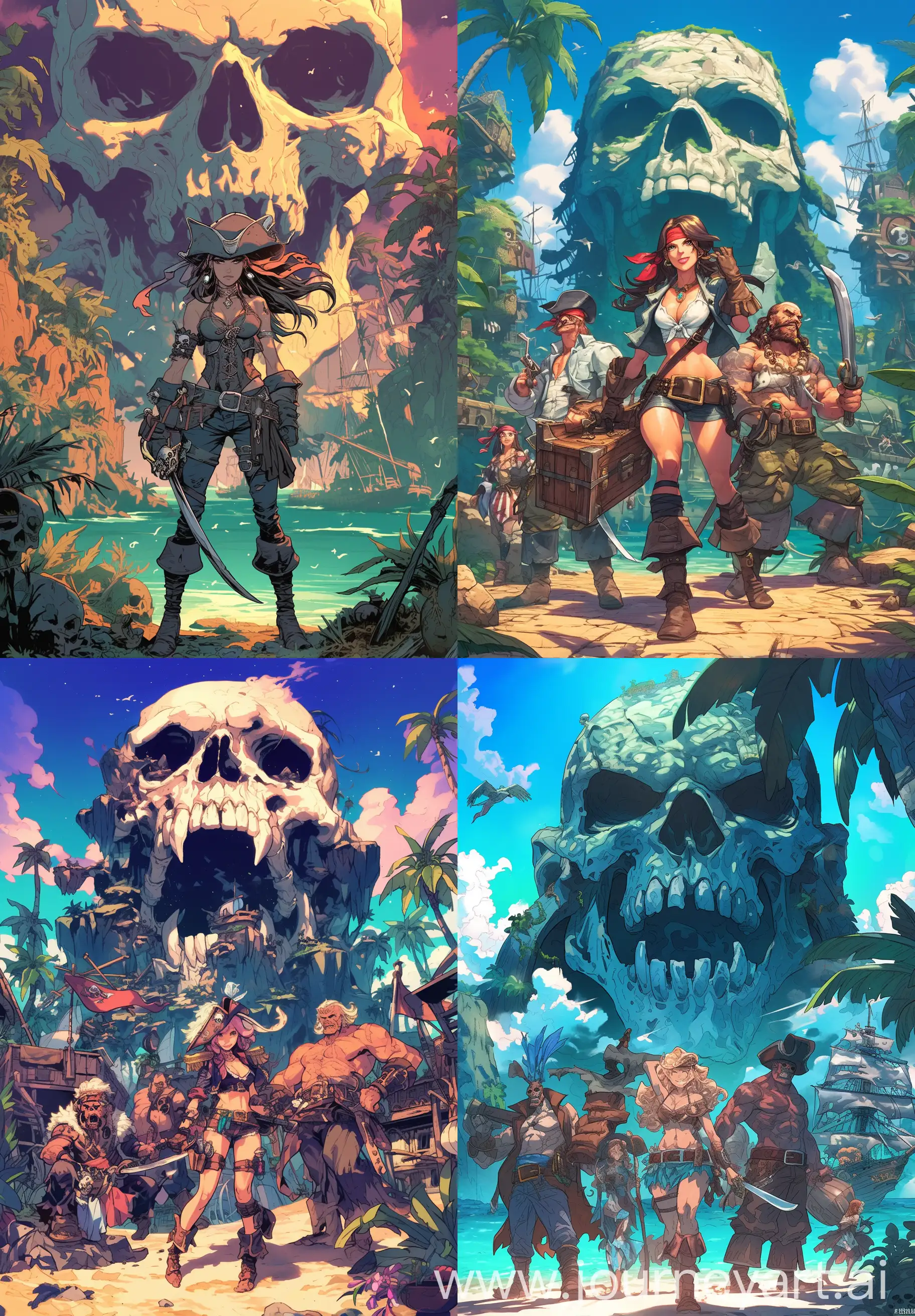 The journey of a pirate gang led by a beautiful and brave female captain to the mysterious Skull Island in search of treasure, intricate details, comic book cover style, style raw, --ar 9:13 --niji 6 --s 150