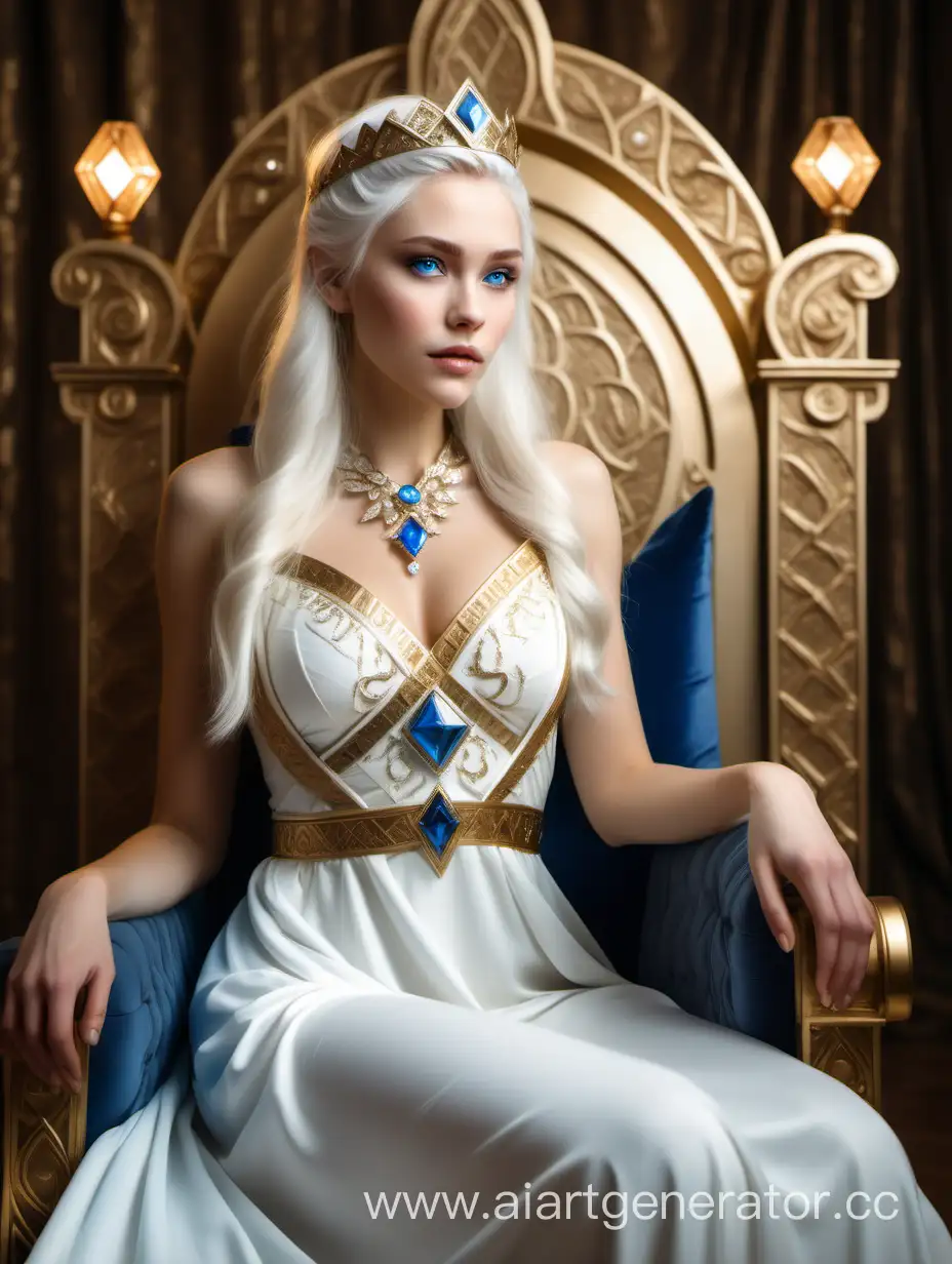 A princess beauty with white hair and blue eyes. In a white floor-length dress on a throne (8k HTR) Viking . (Diamonds and gold)  sensitive and beautiful face ( background golden walls )