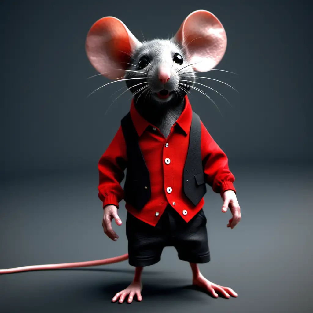 Stylish Black and Red Mouse in Hyperrealistic Clothing