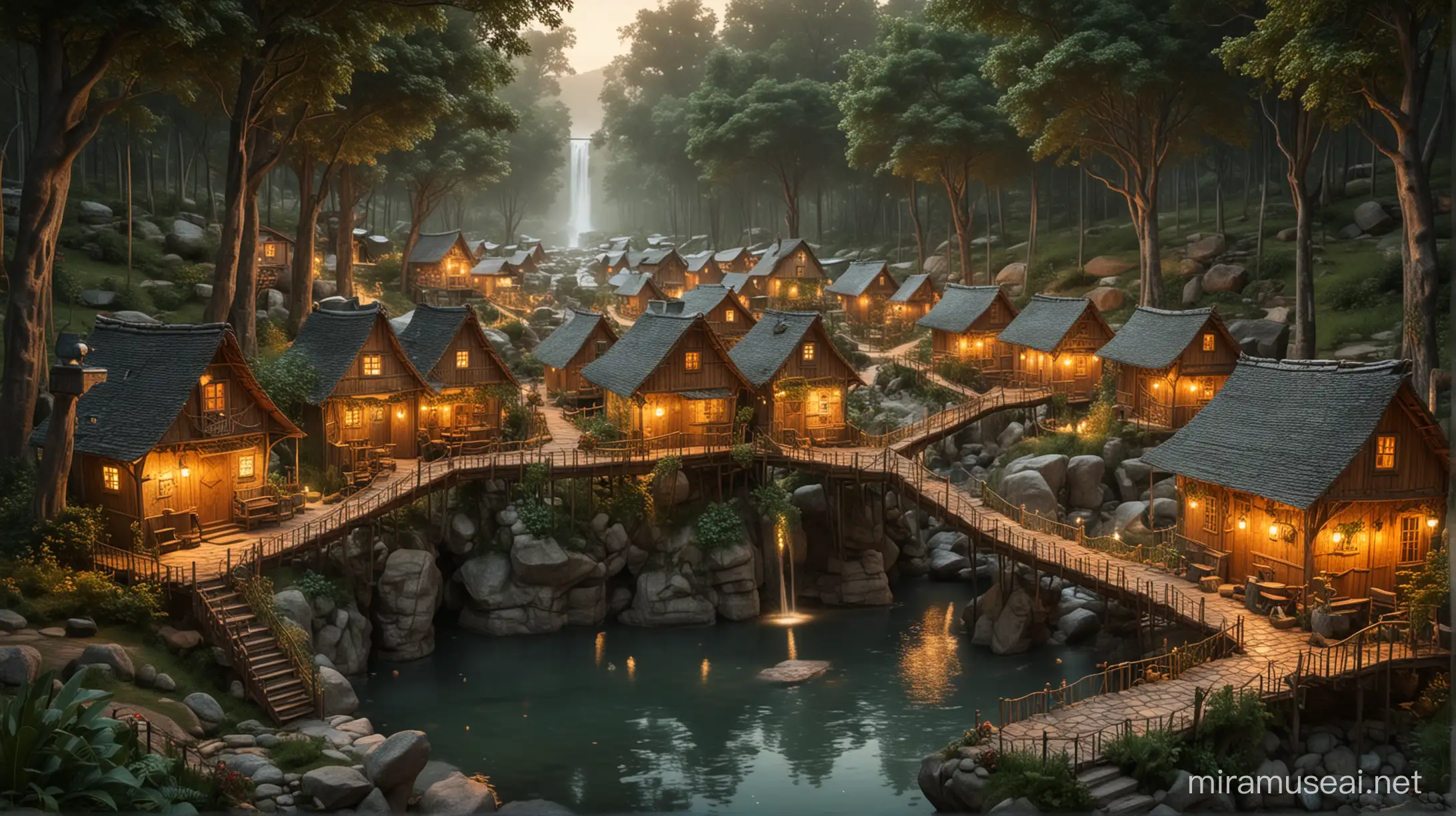 in a horizontal landscape format, a magical village of warm glowing lights in a lush green forest where small rows of houses are made of guitars. The guitar houses and trees blend in harmony so that it is a smooth transition between tree and house. Tree house and guitar become one. There is a stream with beautiful rocks and clear water and a fountain in the center of the village square. It has a mythical, fantasy, magical quality to it.
