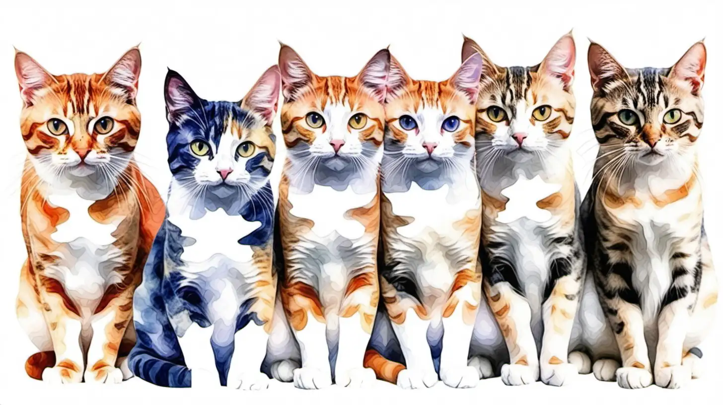 Whimsical Watercolor Cat Collage on White Background