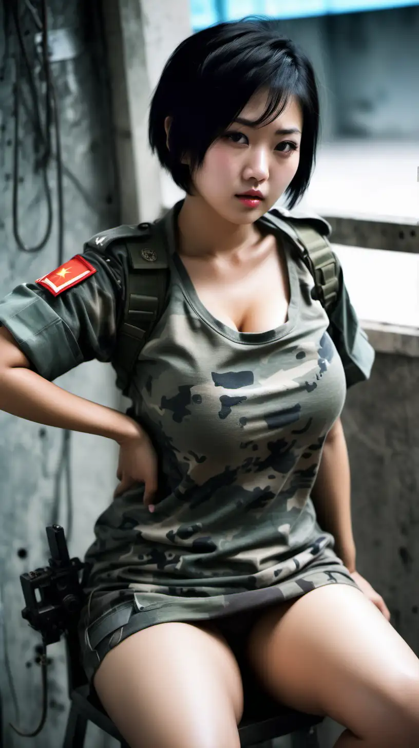 中国女兵
黑色短发
Urban Camo undershirt
衣衫褴褛
Immense boobs
汗流浃背
坐着监听电报