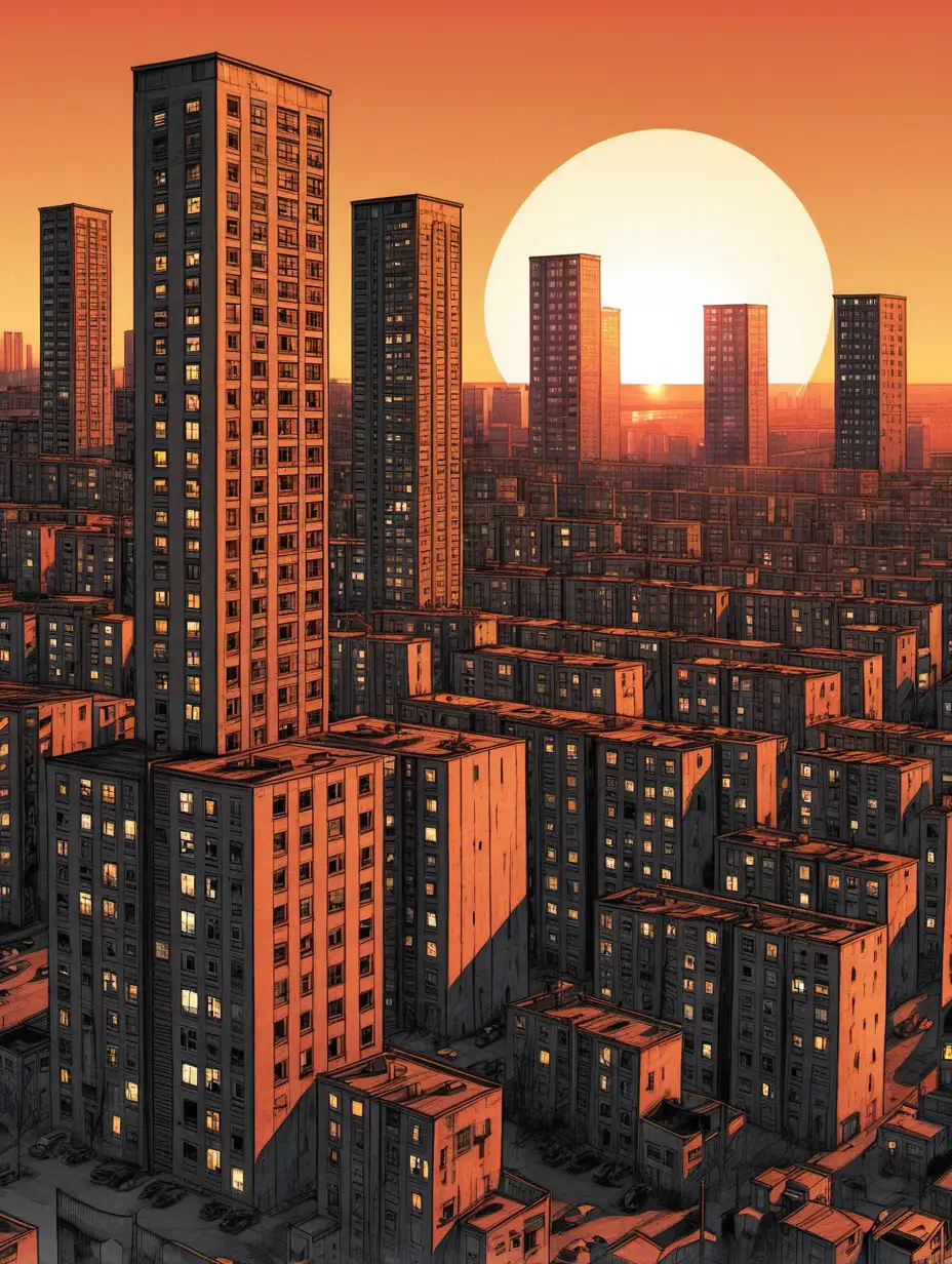 high-rise buildings, district, windows, sundown, ghetto, illustration, vhq