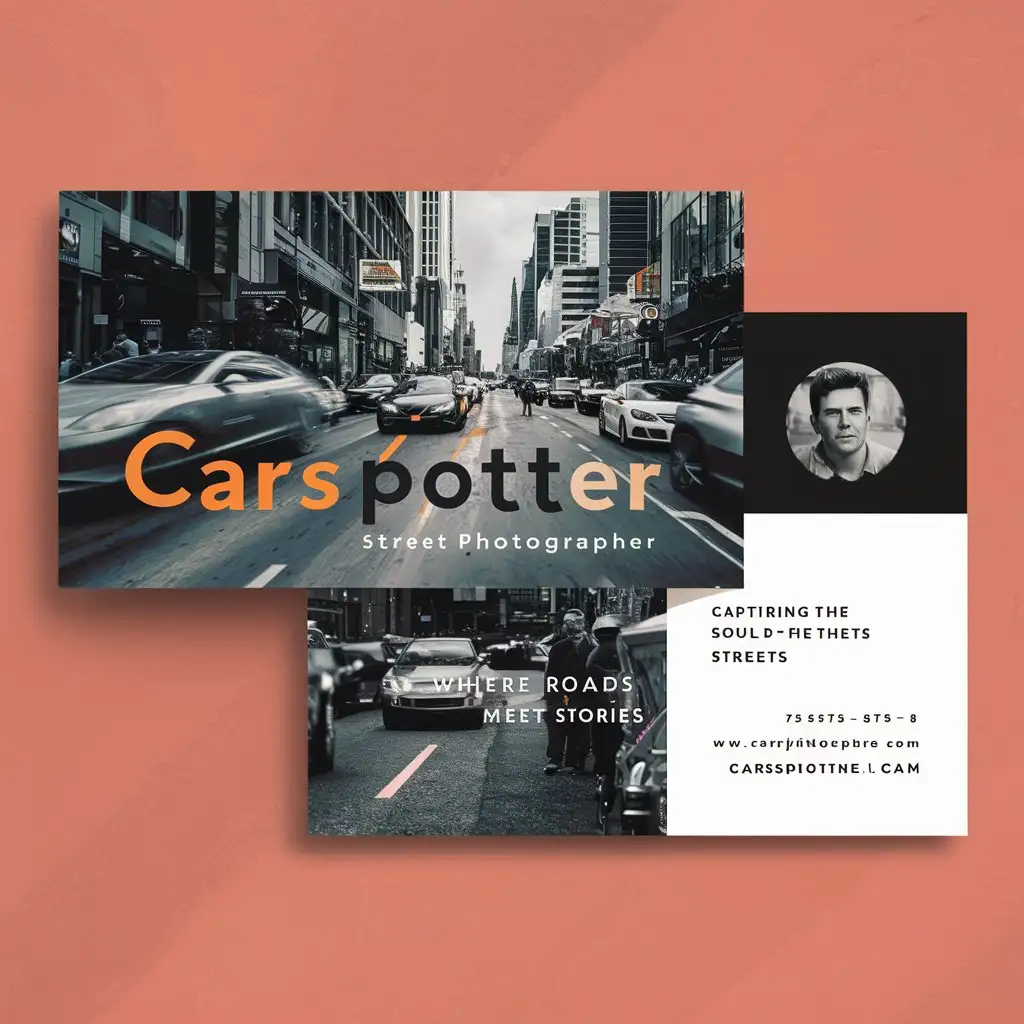 create a business card for a carspotter street photographer, the back and front should be visible
