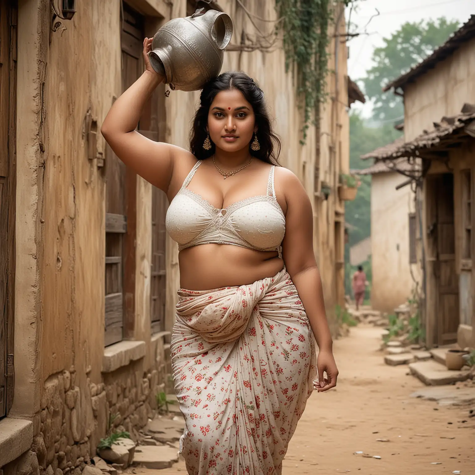 Voluptuous BBW Woman in Traditional Indian Garb Carrying Water Pitcher
