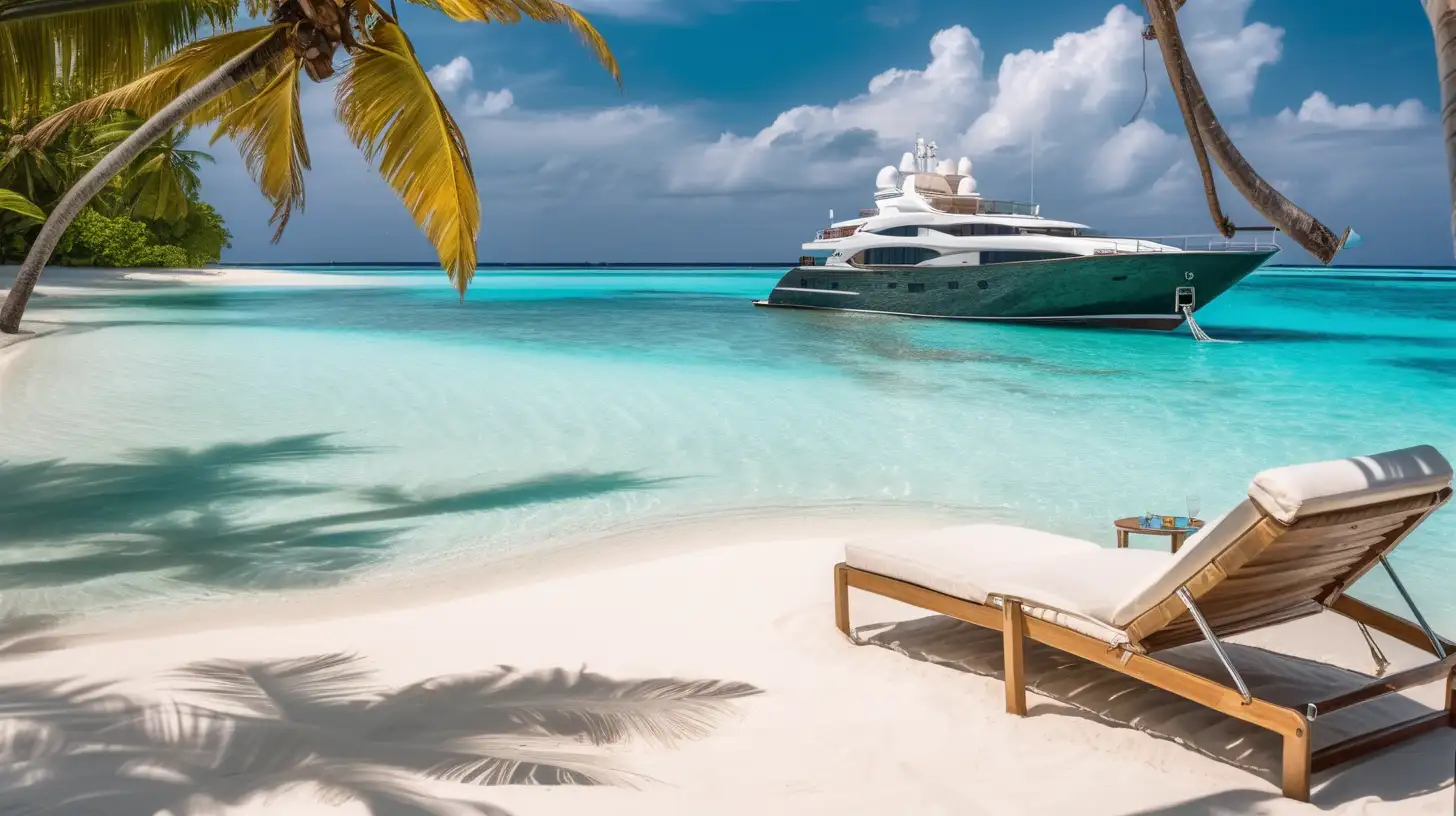 пляж Мальдив. Золотой песок, бирюзовая море. шезлонг. коктейль в кокосе. большая яхта
