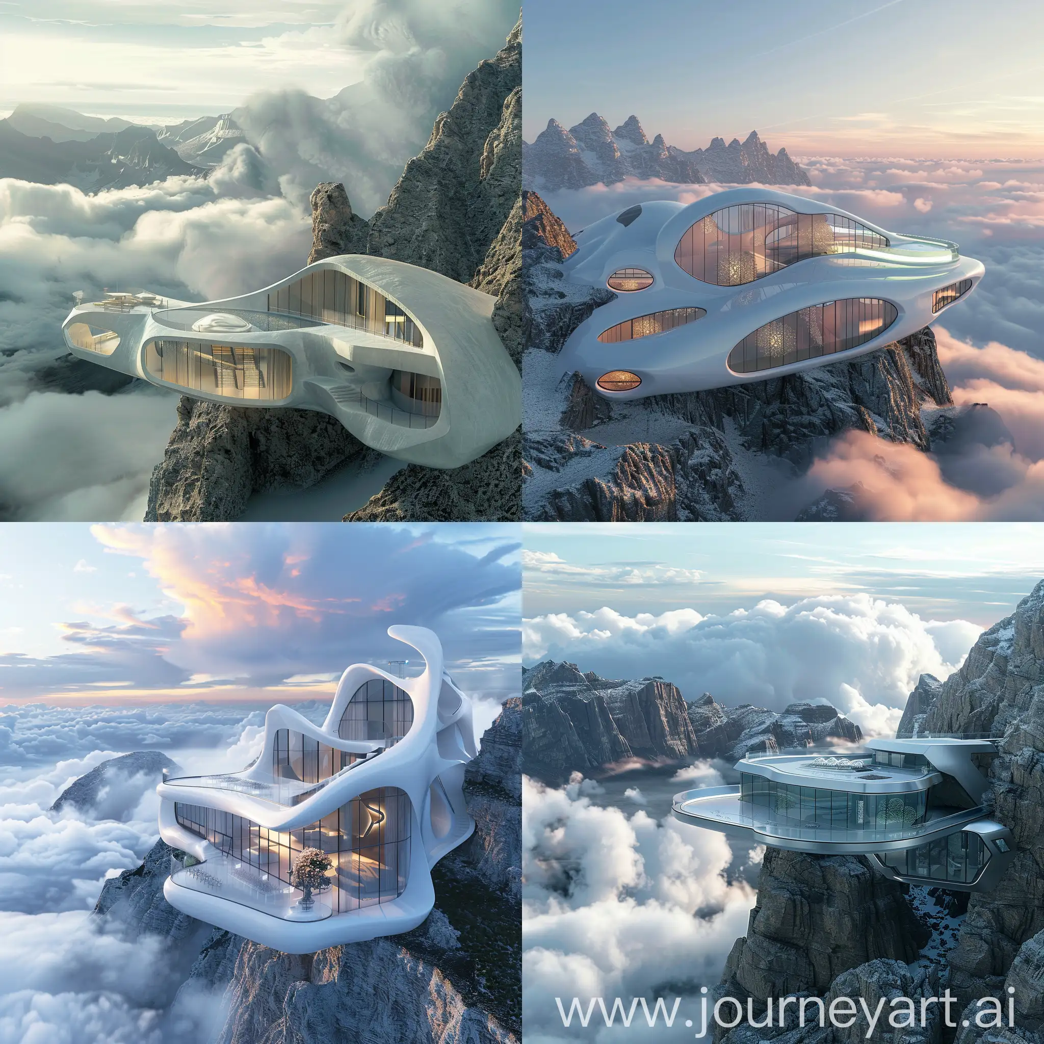 futuristic villa, microbiology, high in the mountains above the clouds