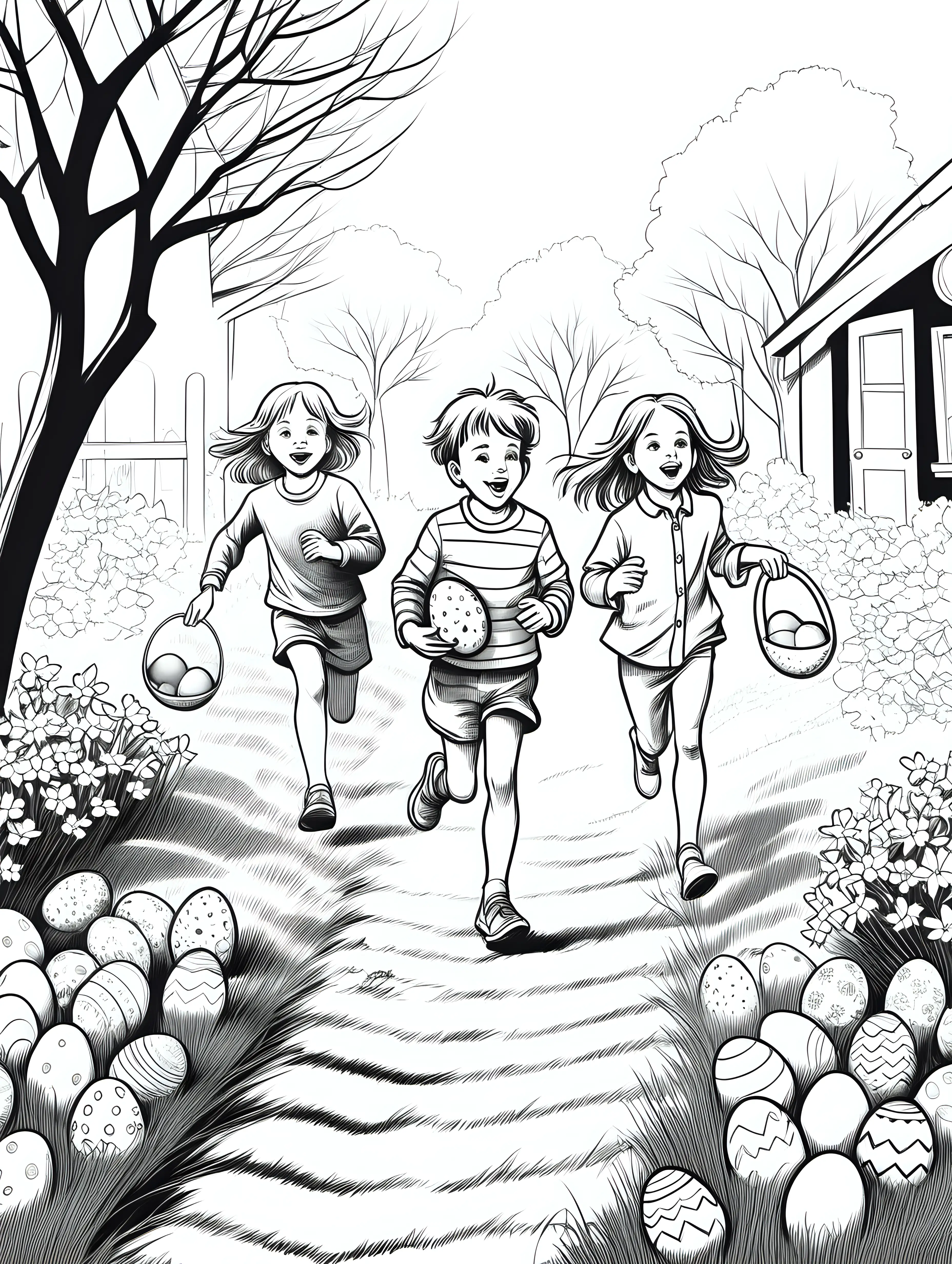 Children collecting decorated Easter eggs on easter running through the yard, spring day, for a book age range 2-12, minimalistic, with detailed illustration, black and white coloring page, white background,  ---ar 2:3: