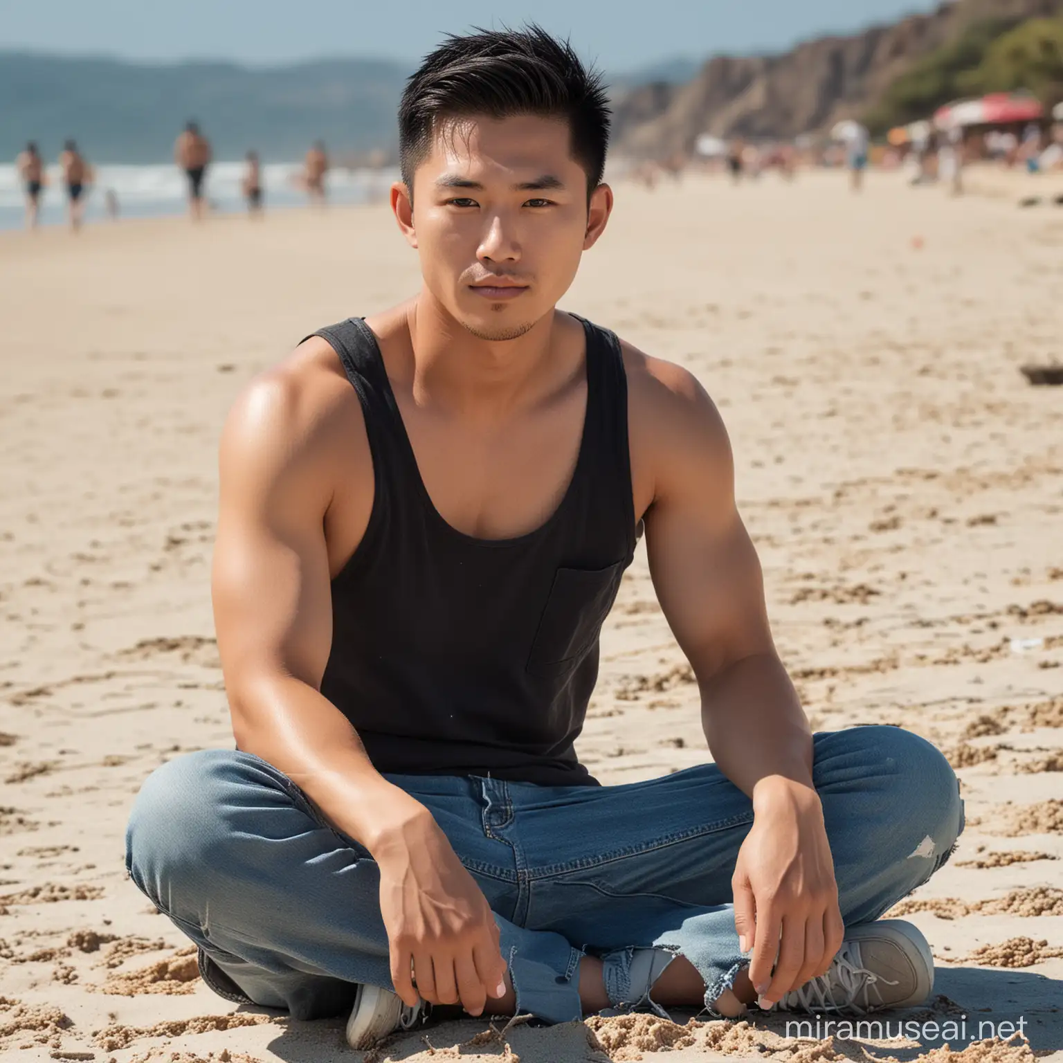 seorang lelaki asia rambut under cut, memakai singlet warna hitam dan celana jeans sedang duduk di tepi pantai siang tengah hari ,dan sangat detail, sangat jernih, resolusi tinggi, penuh warna.