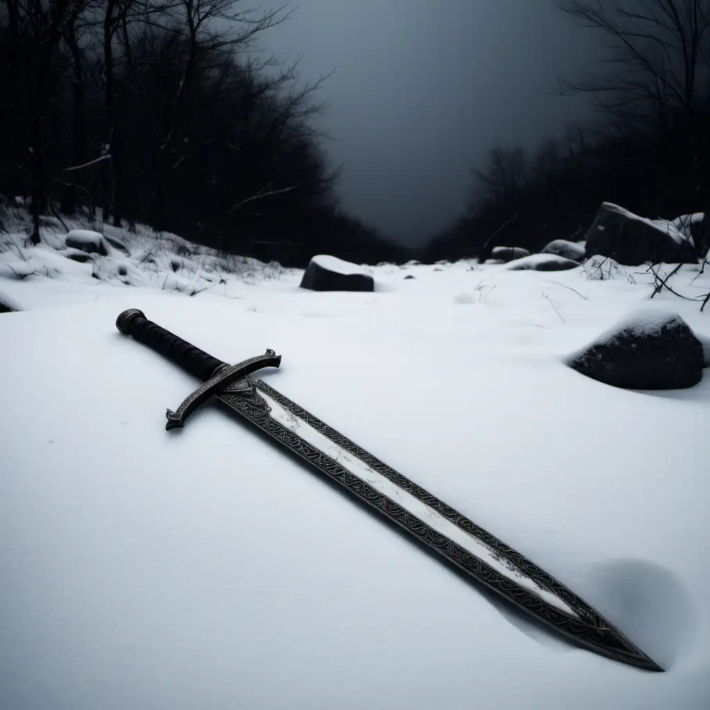 a dark snowy landscape with a white scabbard lying in the snow