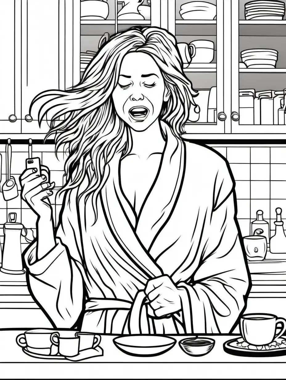 coloring page, no shading, woman with hair a mess, wearing a bathrobe, a cup of coffee in her hand. she looks sleepy and is yawning. A Kitchen in background

