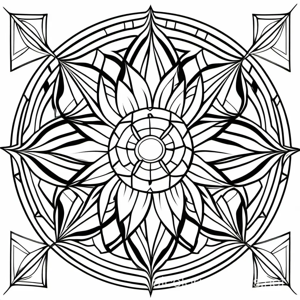 Art deco abstract mandala, Coloring Page, black and white, line art, white background, Simplicity, Ample White Space. The background of the coloring page is plain white to make it easy for young children to color within the lines. The outlines of all the subjects are easy to distinguish, making it simple for kids to color without too much difficulty