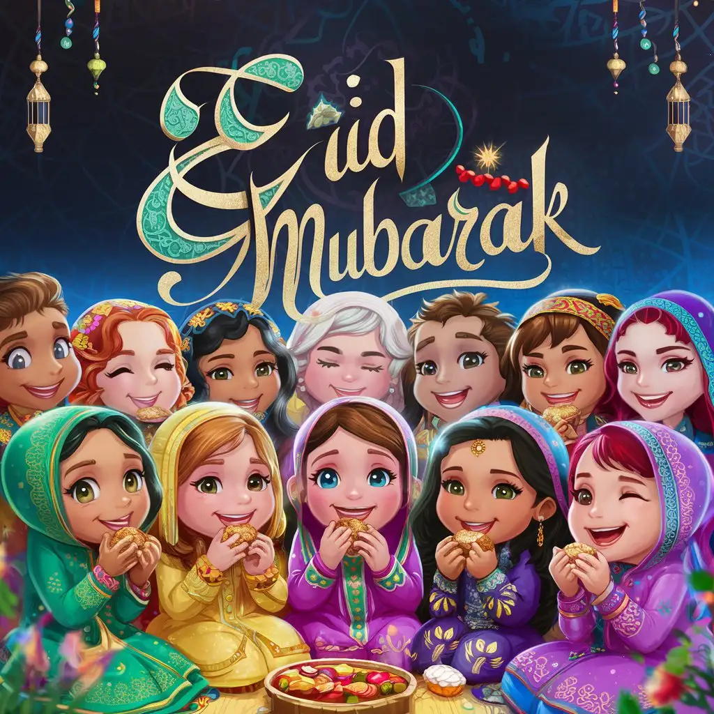 The word ' Eid Mubarak ' is written on the wall in the background in a beautiful, bright and radiant decorative way. In the foreground are Wizo's characters eating Eid sweets and wearing Eid clothes of beautiful bright colours.