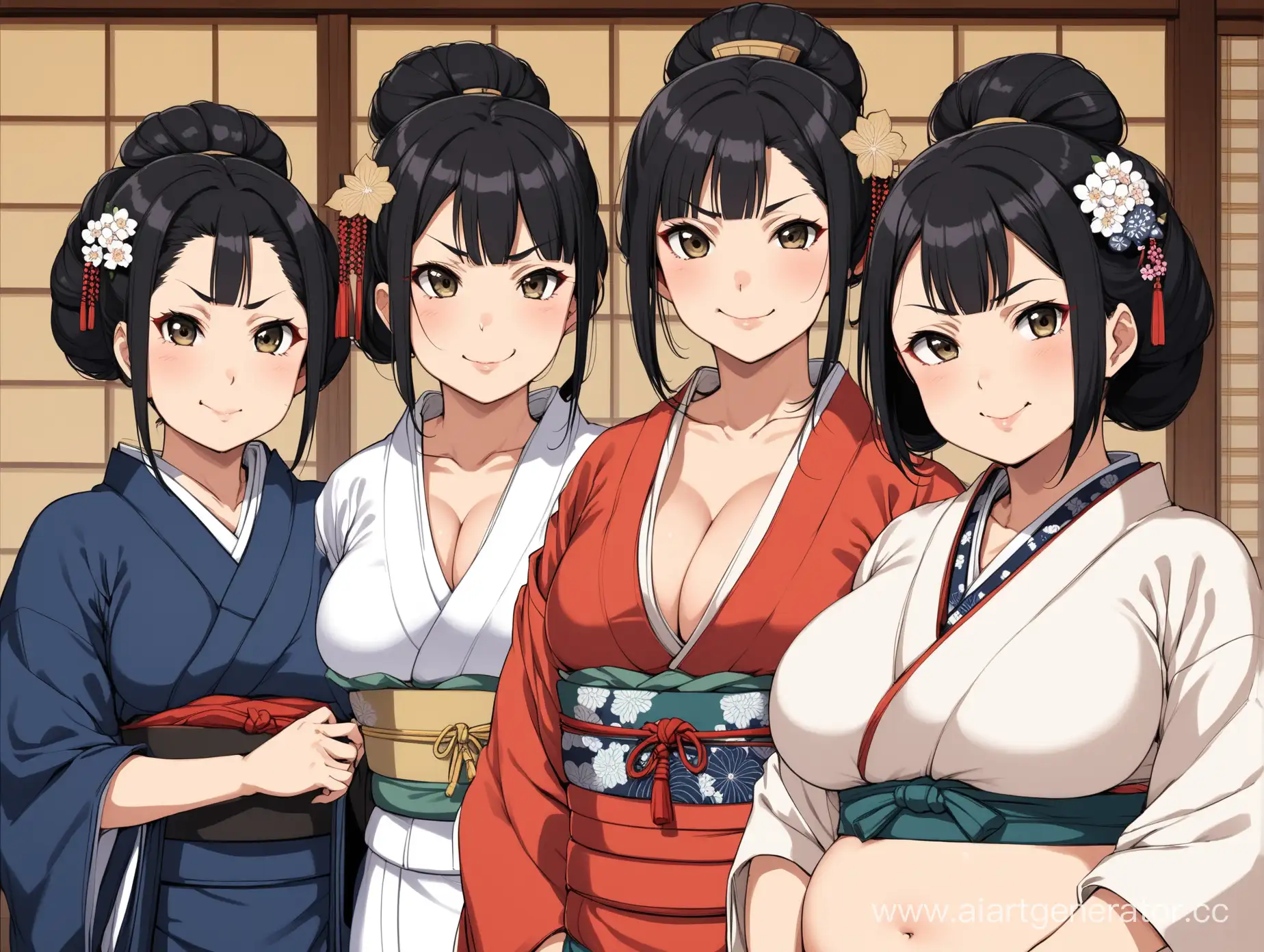 Three chubby Japanese milfs looking at me, black hair, smug, curious, pompous, Edo Peroid, cleavage