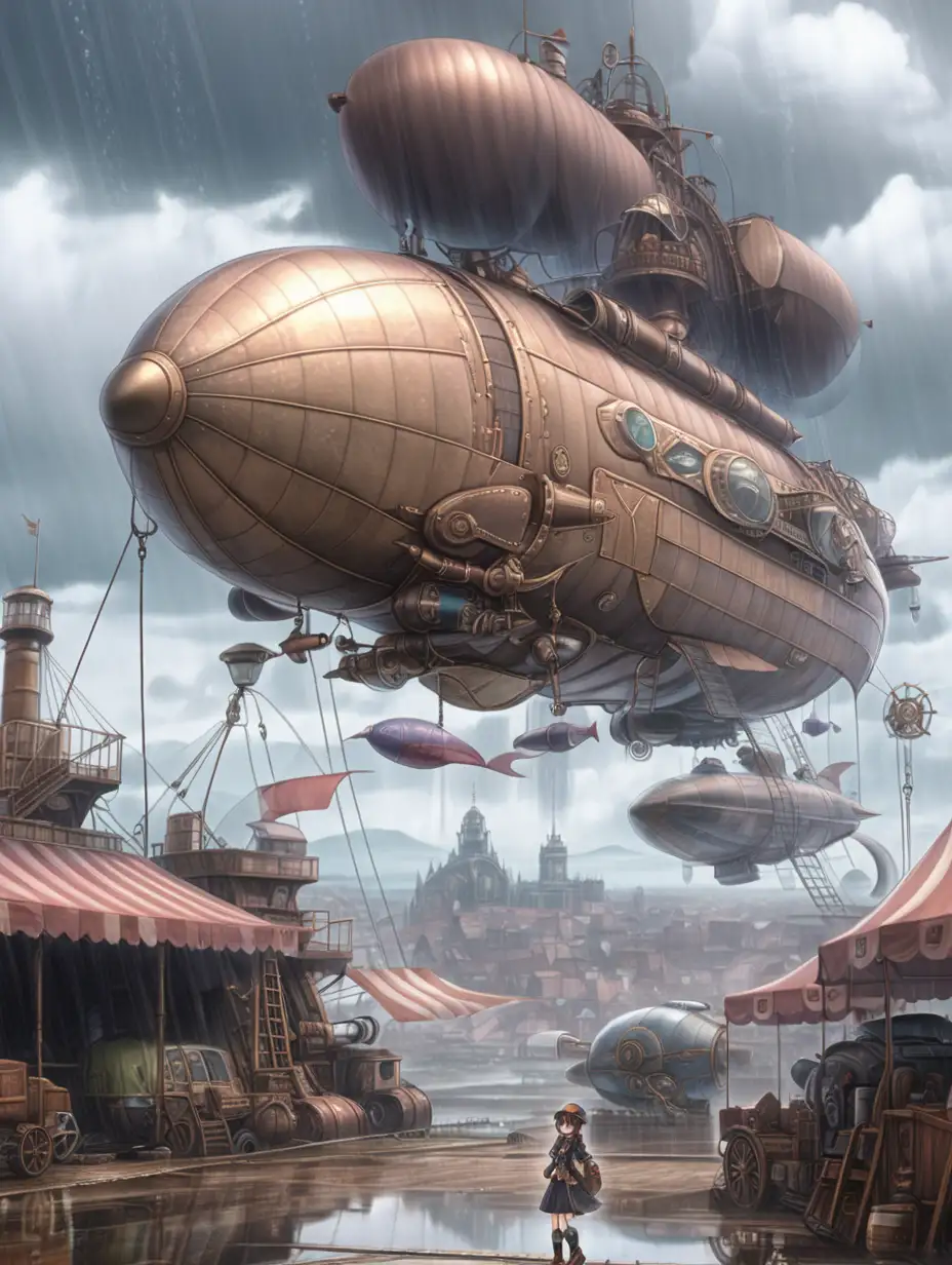 Steampunk Fantasy Rainy Day Arrival at Airship Landing Site