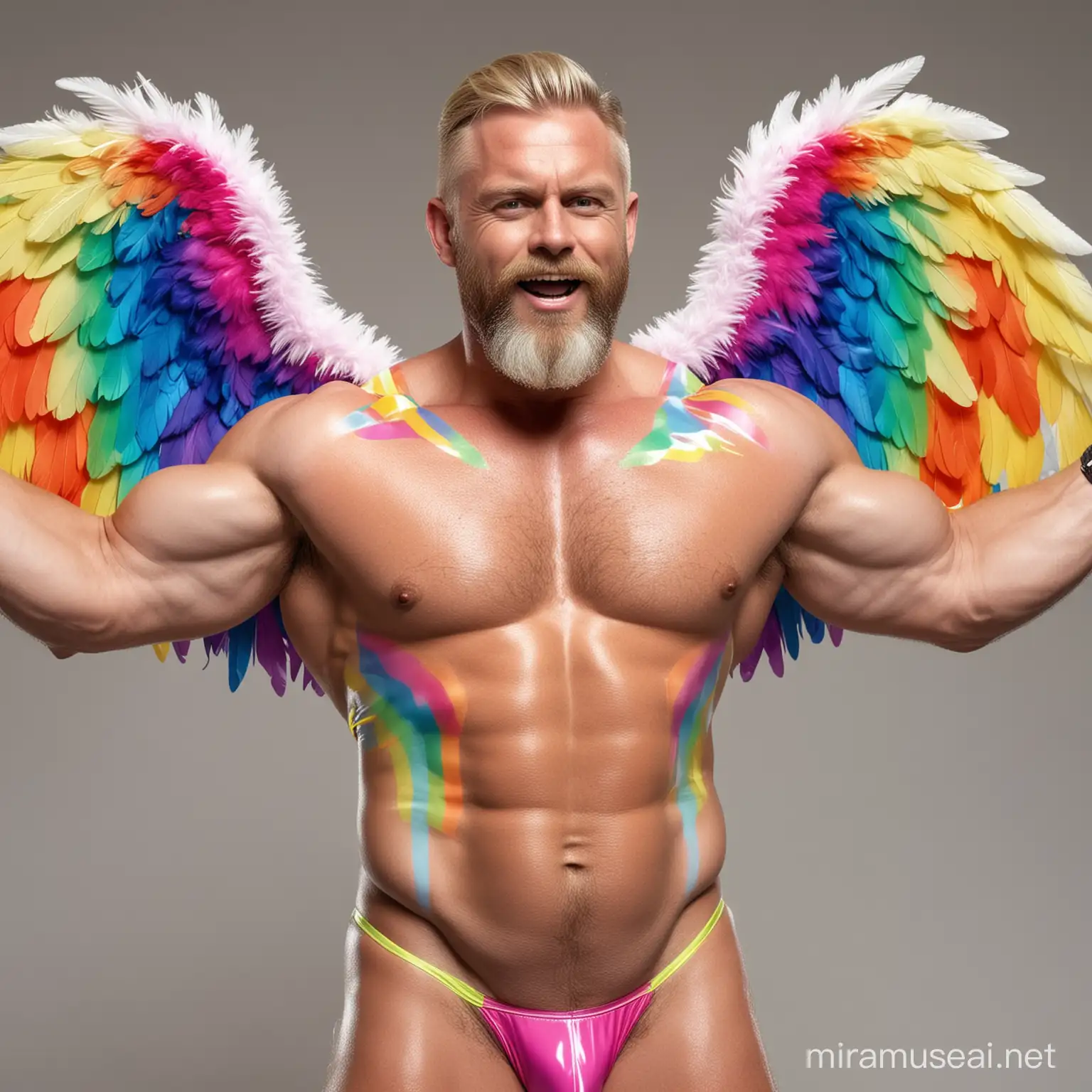 Topless 20s Thick Beefy Blond IFBB Bodybuilder Beard Daddy wearing Multi-Highlighter Bright Rainbow Coloured See Through Jacket with Eagle wings and Flexing Big Strong Arm with doraemon