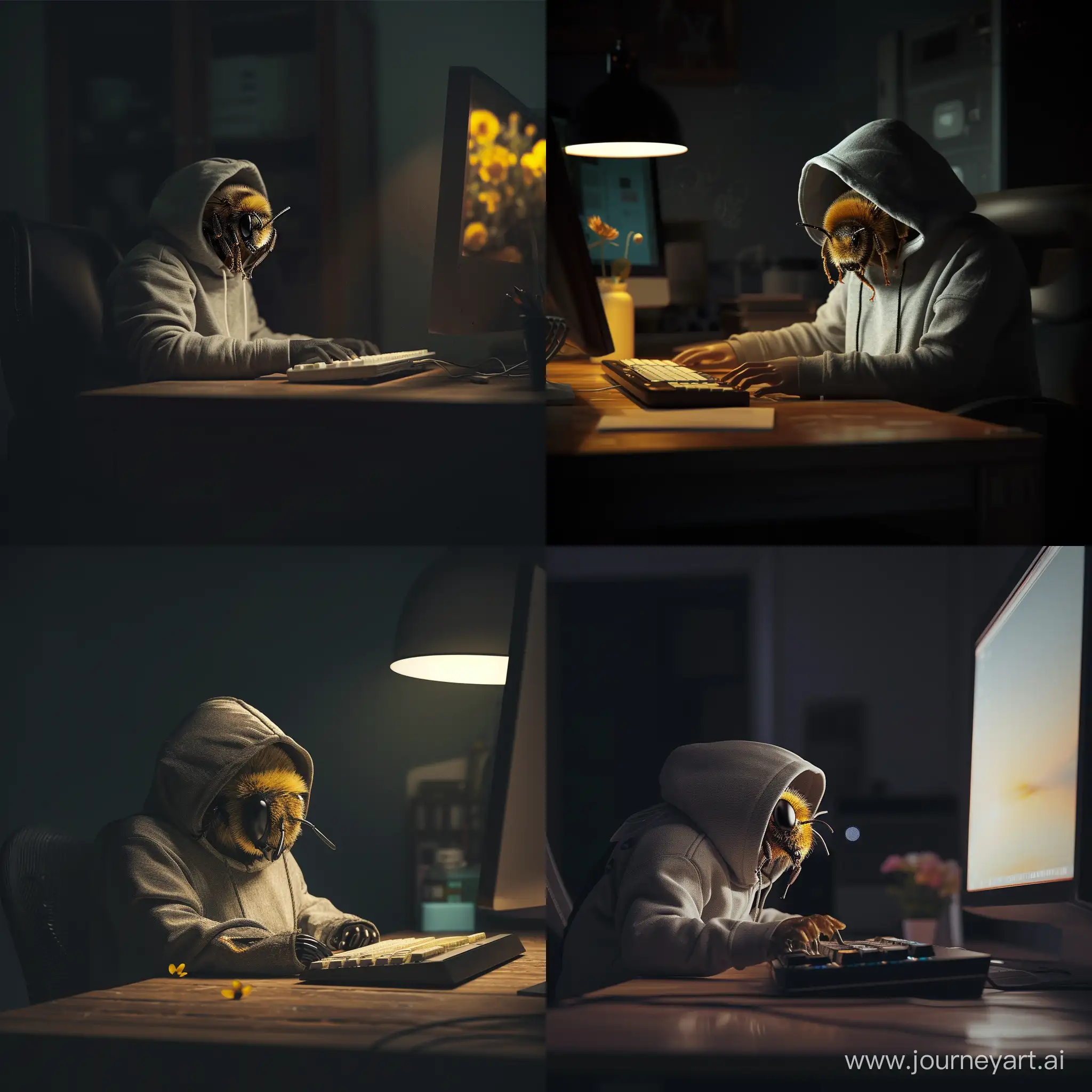 a bee wearing a grey hoodie sitting behind a computer in a dark room