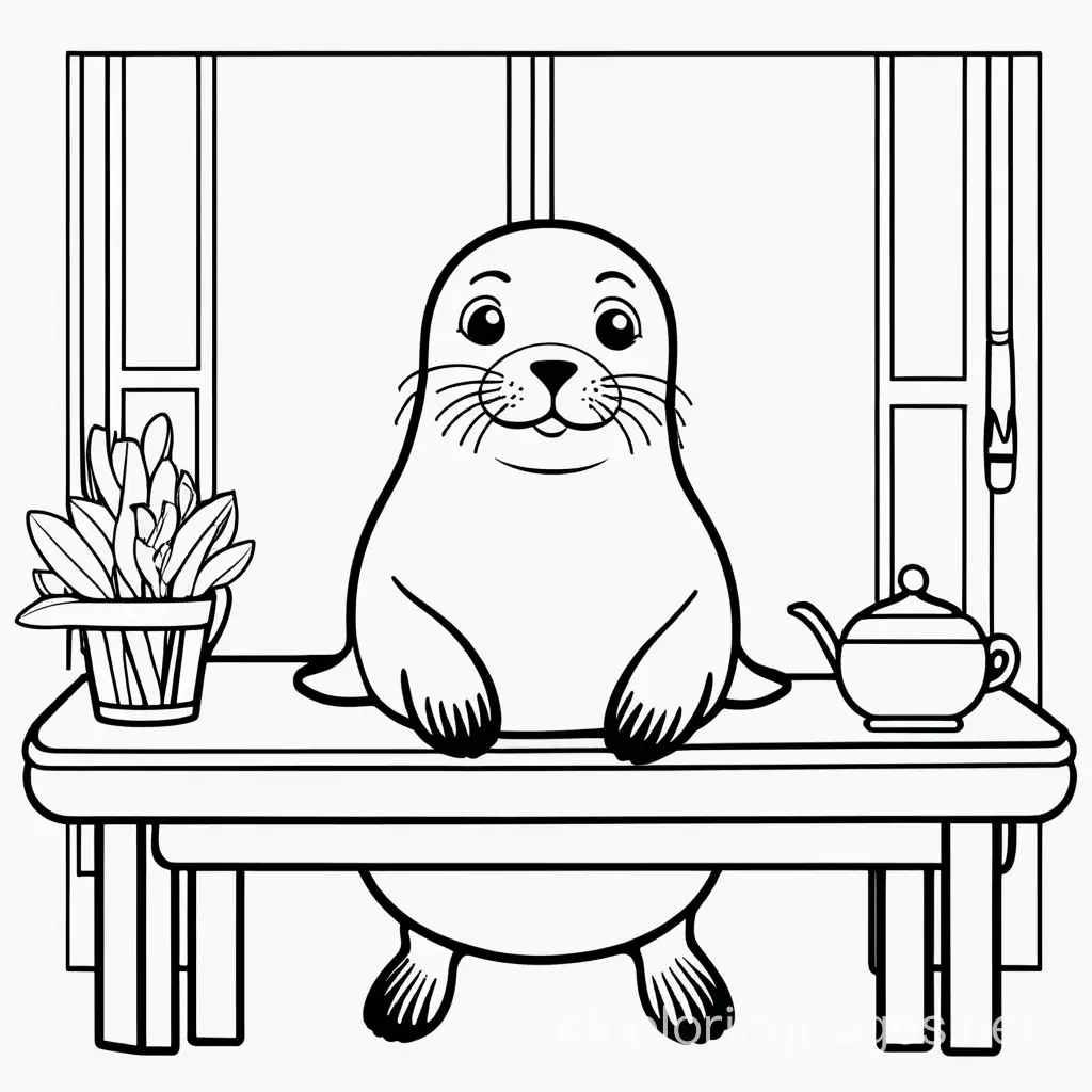 very cute little seal sitting at a table, Coloring Page, black and white, line art, white background, Simplicity, Ample White Space. The background of the coloring page is plain white to make it easy for young children to color within the lines. The outlines of all the subjects are easy to distinguish, making it simple for kids to color without too much difficulty