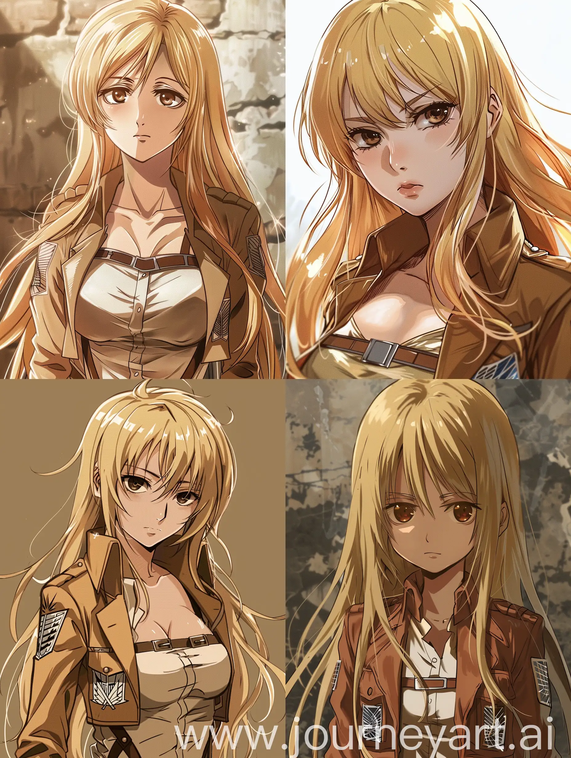 anime, blonde girl, long hair, brown eyes, retro style, attractive, attack on titan, survey corps