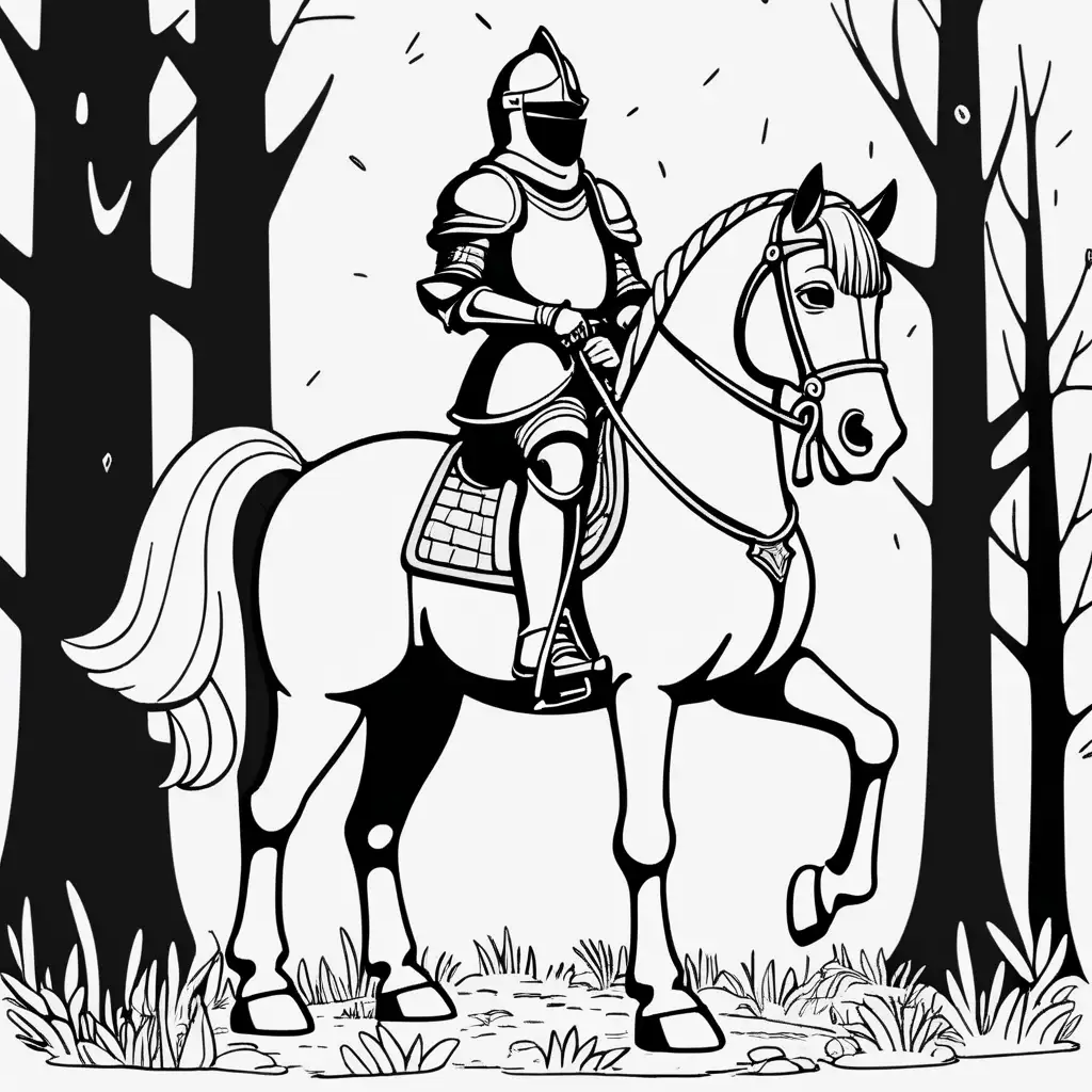 a knight on a horse in a forest, cartoon, black and white: 1.5, white png background, flat 2d  –no shading, gradient, colors: 1.5, saturation:1.2, colored, shadow: 1.1, 3d -- ar 9:11