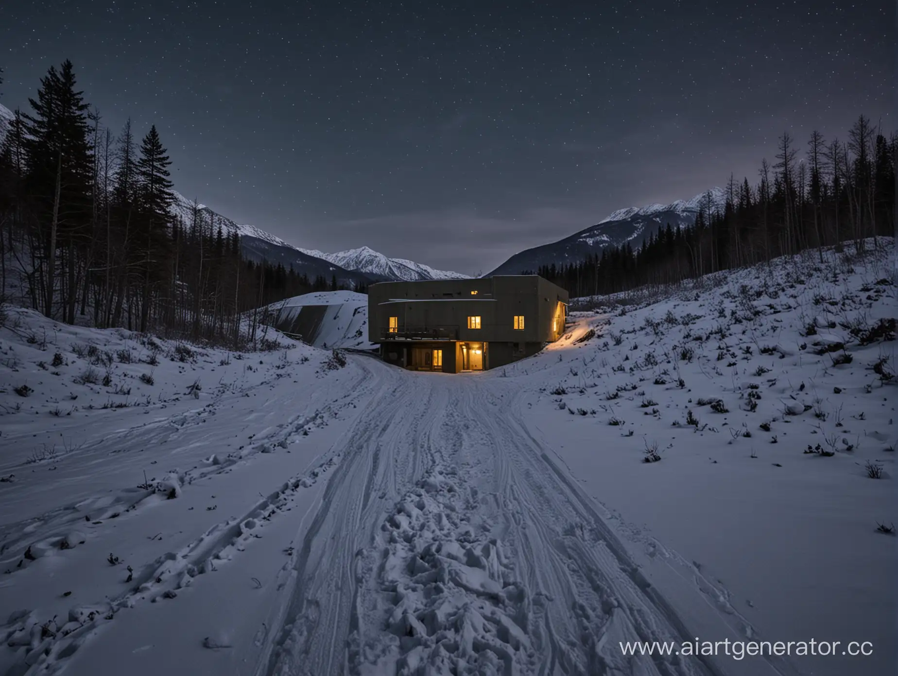 Mysterious-Winter-Night-Scene-Creepy-Bunker-Complex-in-Mountainous-Terrain