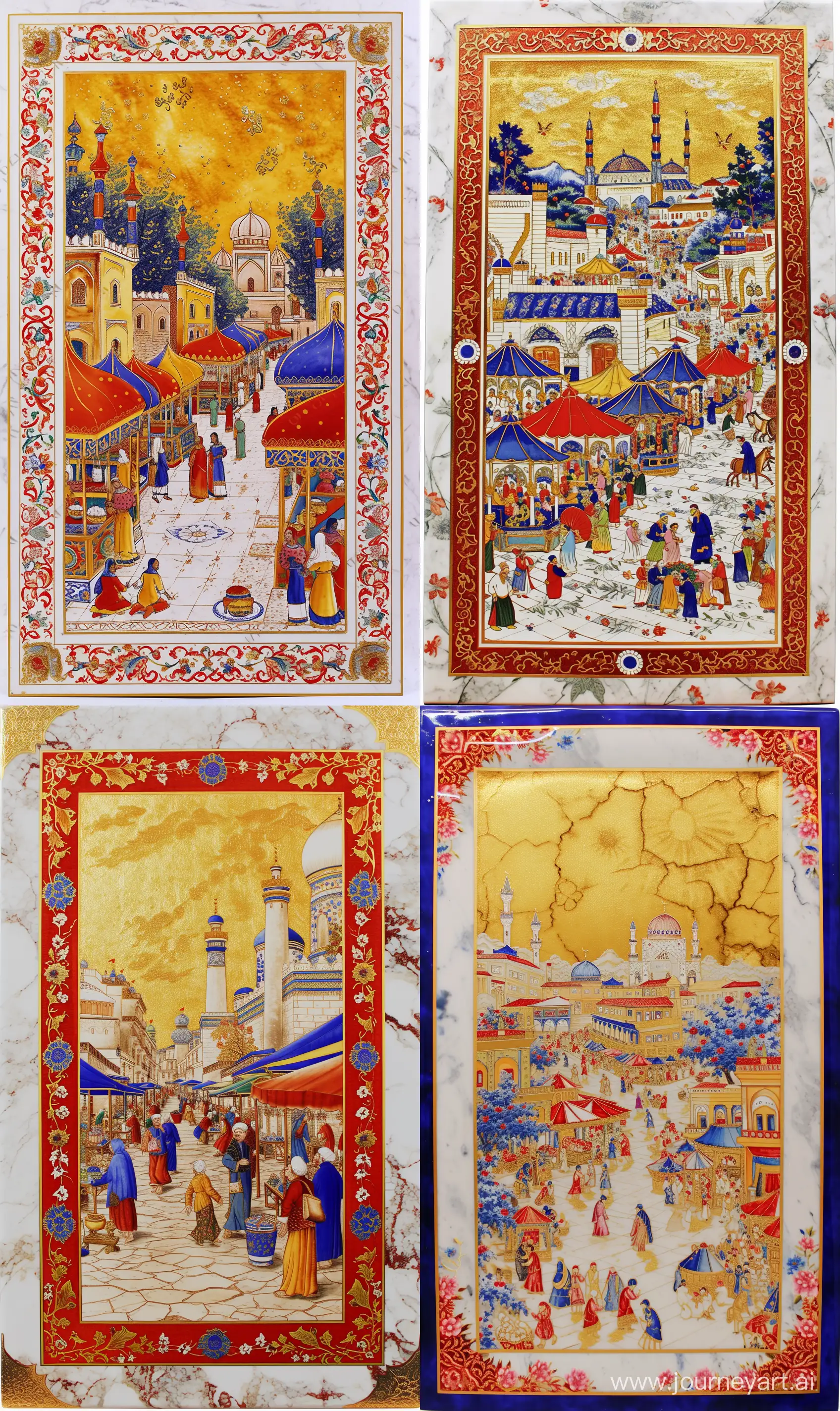 a solid iznik porcelain panel, depicting a colorful marketplace and mosque scene from a golden sky Persian miniature painting, red blue 3d embossed persian floral arabesque on white marbled border around porcelain, shiny gold outlines --ar 3:5 --v 6
