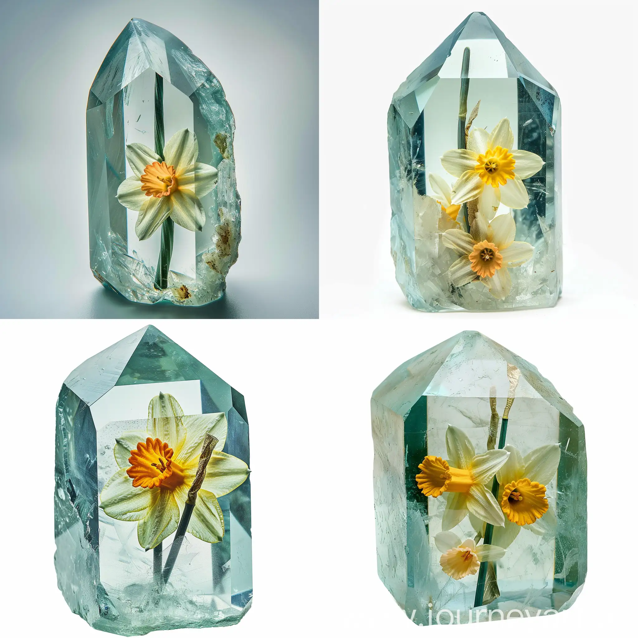clear aquamarine crystal, with a stalk of pressed daffodil flower inside the crystal, in high quality flat style