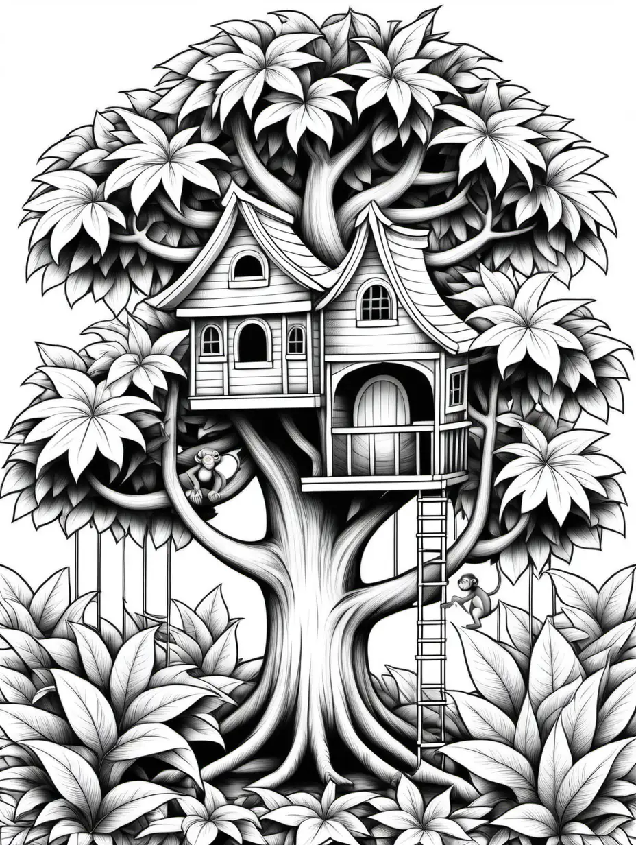 a fancy monkey tree house coloring book, black and white, individual leaves, no shading, no background, thick black outline