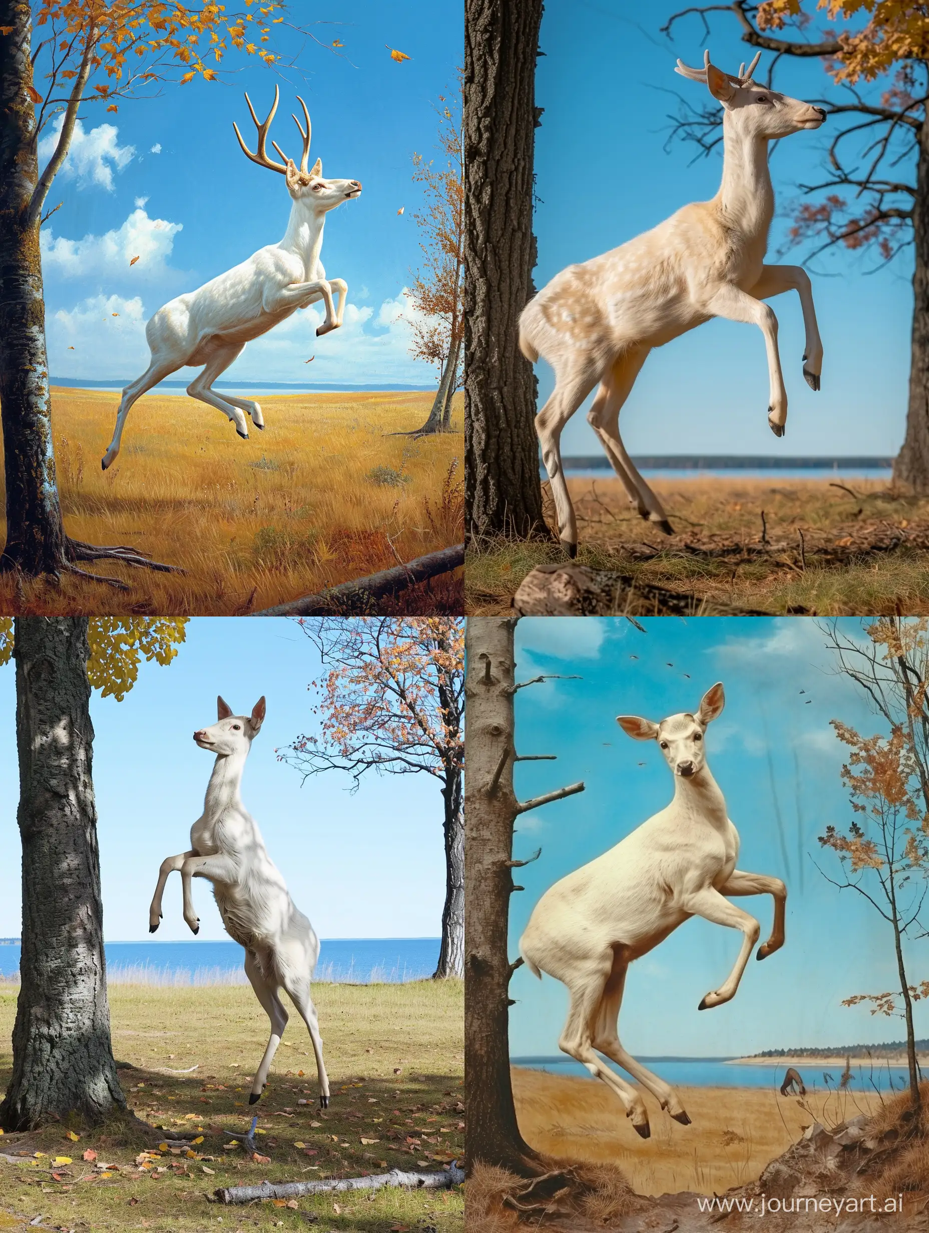 Subject: White deer standing on back legs and front legs in air, like ready  to jump

Location:  open  field with one trunk on left side and two trees on right side of image, time of year is autumn. There is vivid blue sky and lake in distant.