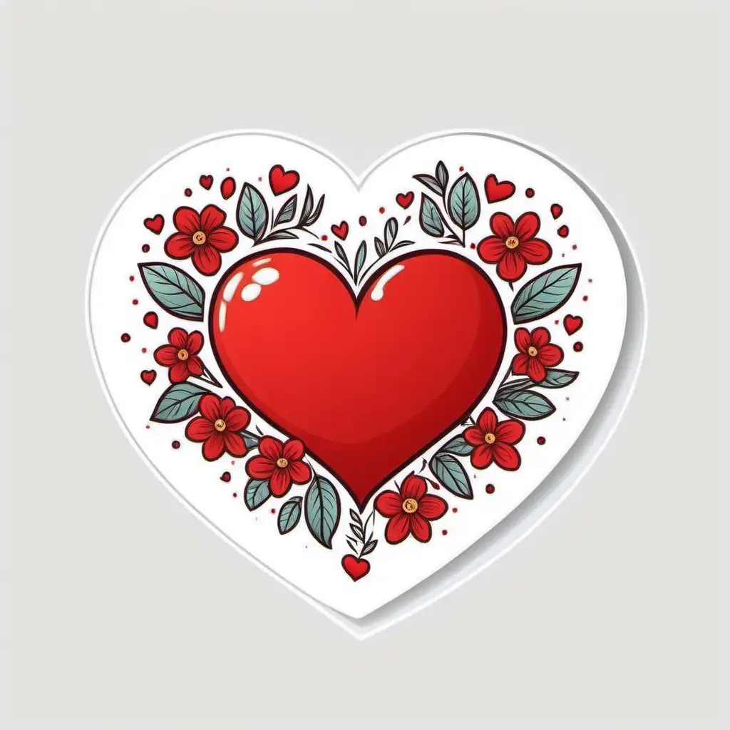 Cartoon Red Heart Floral Sticker on a Clean White Background