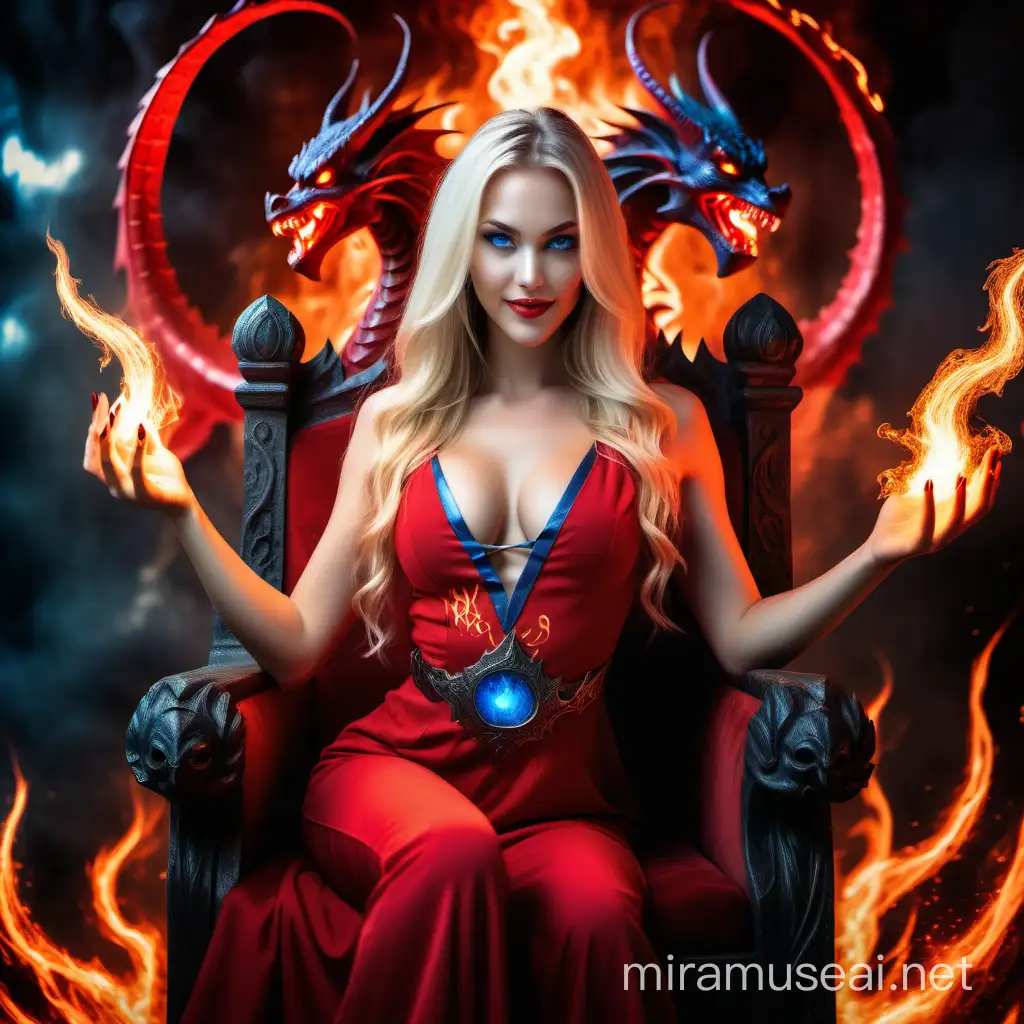 Diosa hermosa hechicera joven de cabellos rubios largos y ojos azules vestida de rojo traje ajustado entallado sexy frondosa de cuerpo entero, con mirada demoniaca y sonrisa maligna y sexy, sentada en un trono majestuosa y espectacular rodeada de poder energía cósmica y fuego, lanzando fuego y rayos con las manos extendidas y por los ojos, y de fondo la diosa Kali y un dragón rojo y la palabra kaliyuga dragón rojo escrita con letras de fuego 