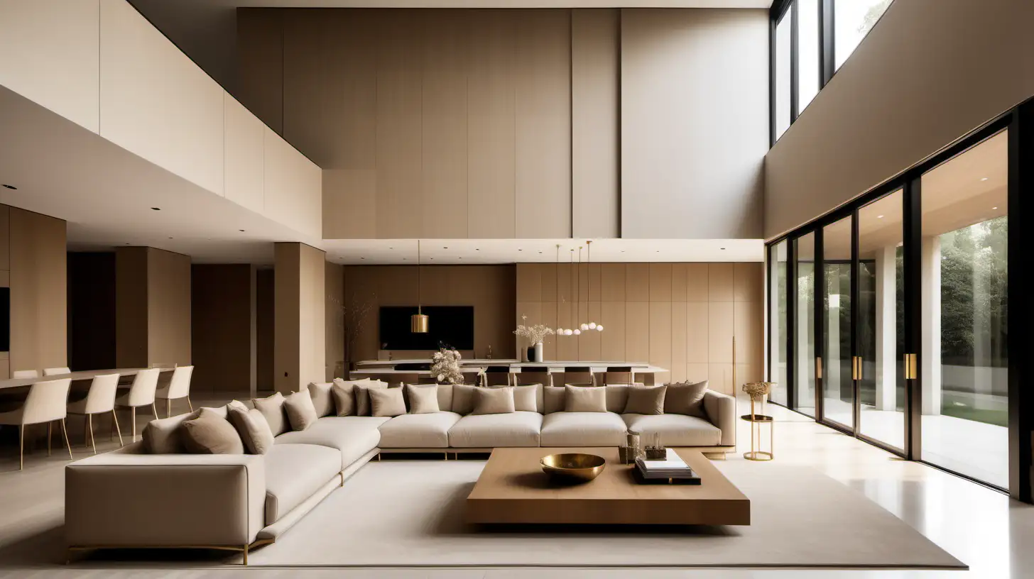 Grand Modern Minimalist Home; beige, oak, brass colour palette; double height ceilings
