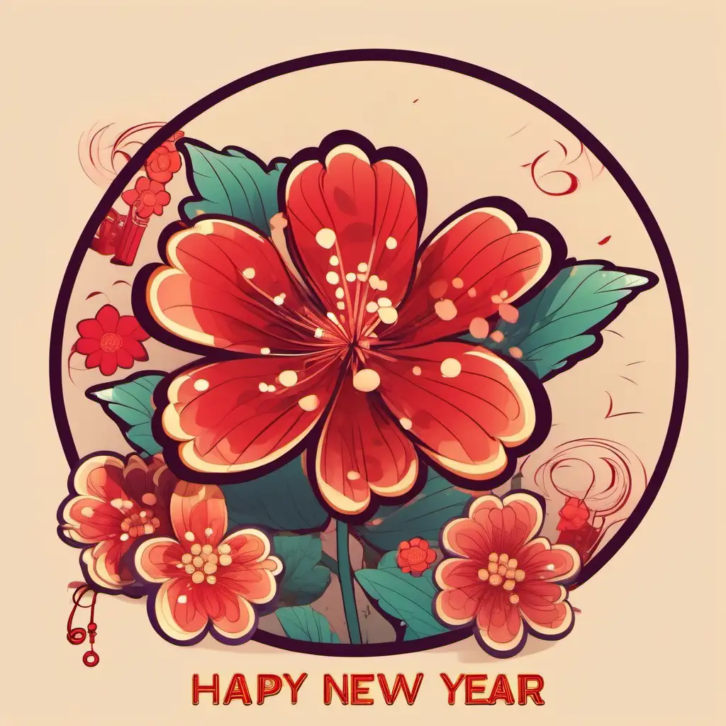 Vibrant Chinese New Year Cartoon with Blooming Flowers