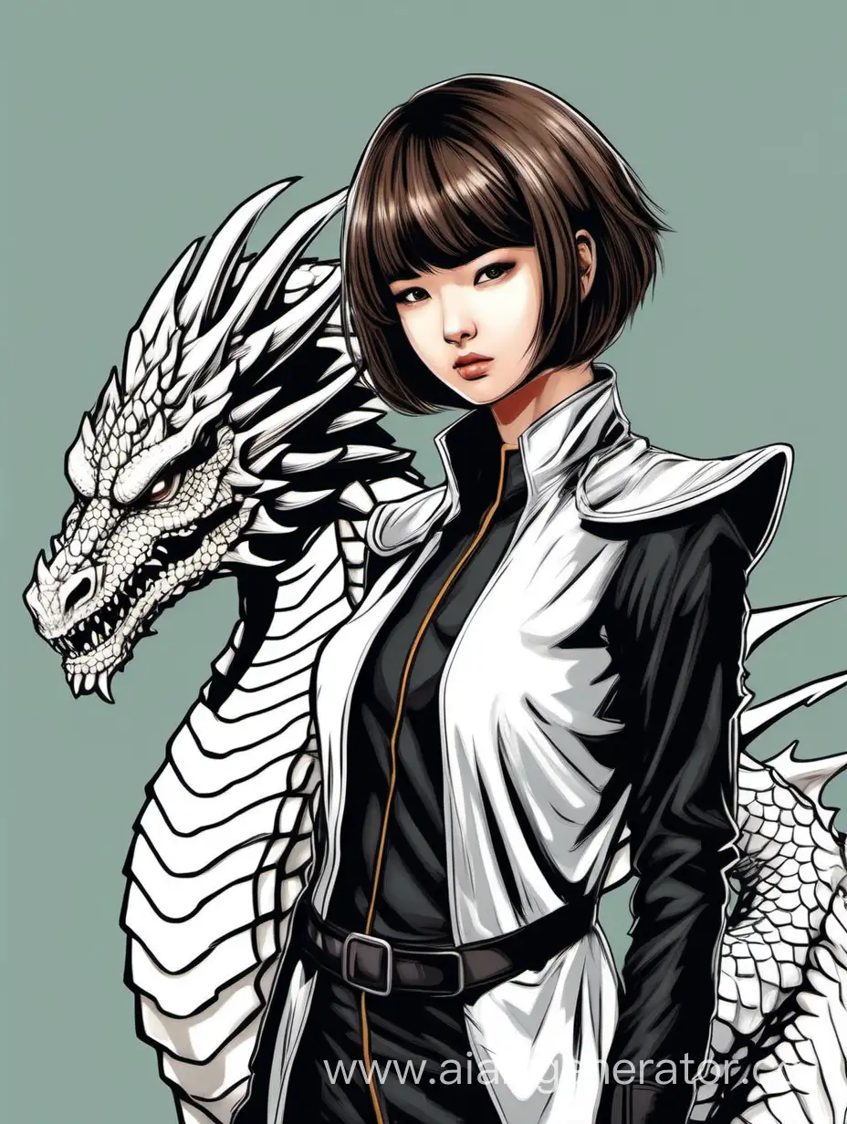 девушка с короткой стрижкой в костюме наездника и белый дракон