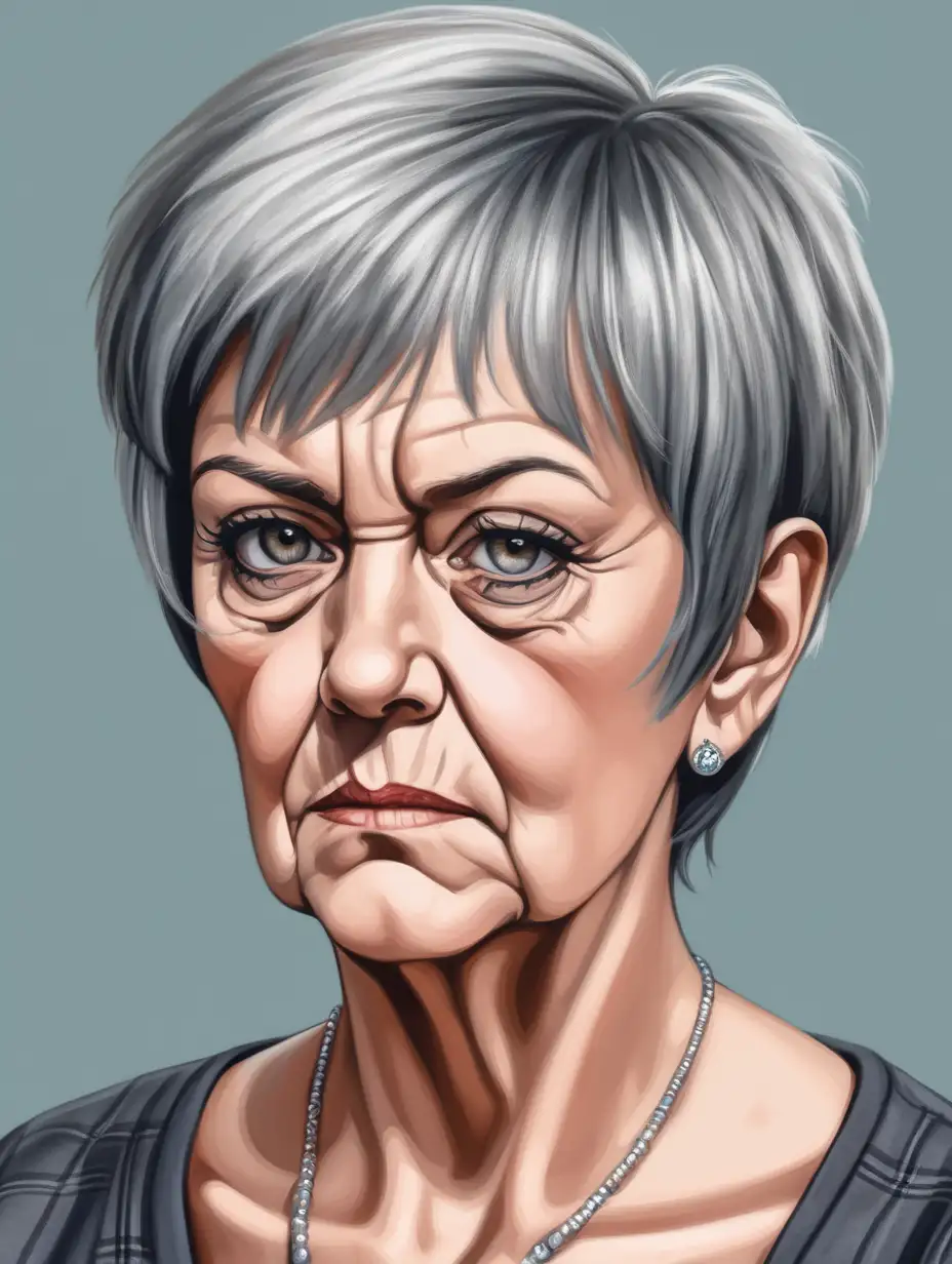 a woman in her late 50- or 60-year-old range. She has an asymmetrical haircut and a disapproving scowl on her face.