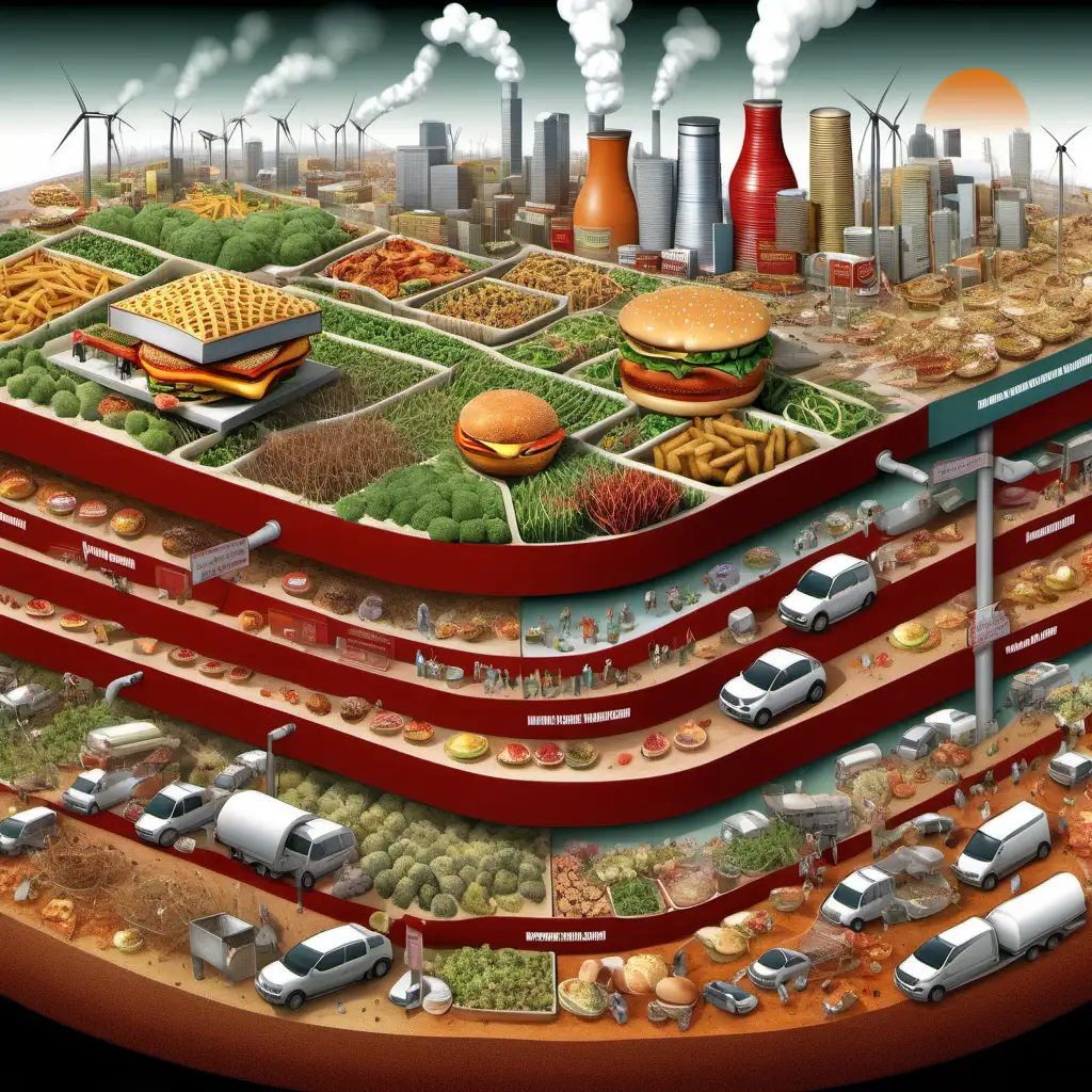 design an image showing the complex and inefficient nature of the food system. illustrate pollution, desertification and fast food.