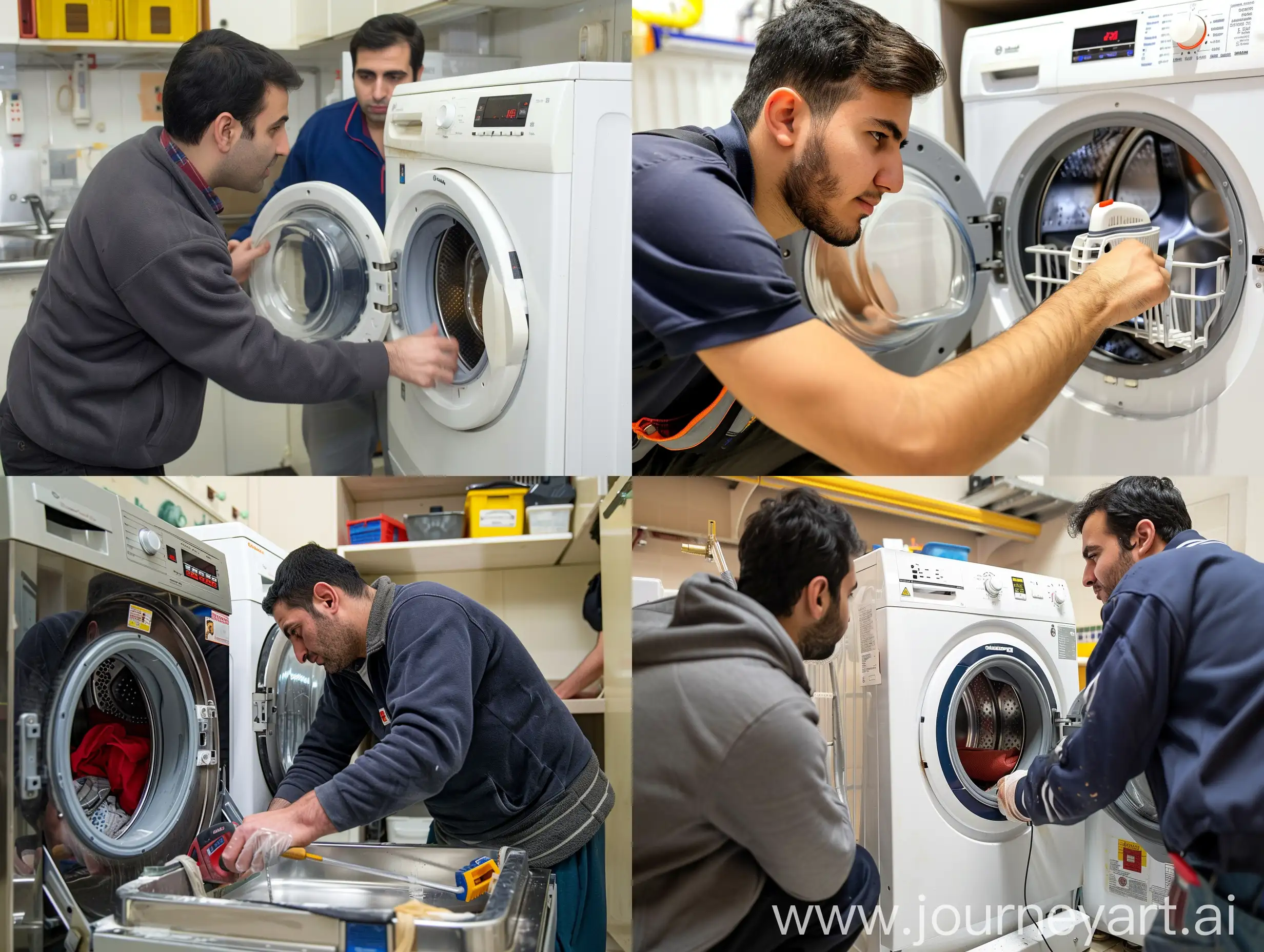 Special home repair course in Tehran, where students are engaged in training in washing machine and dishwasher repairs.