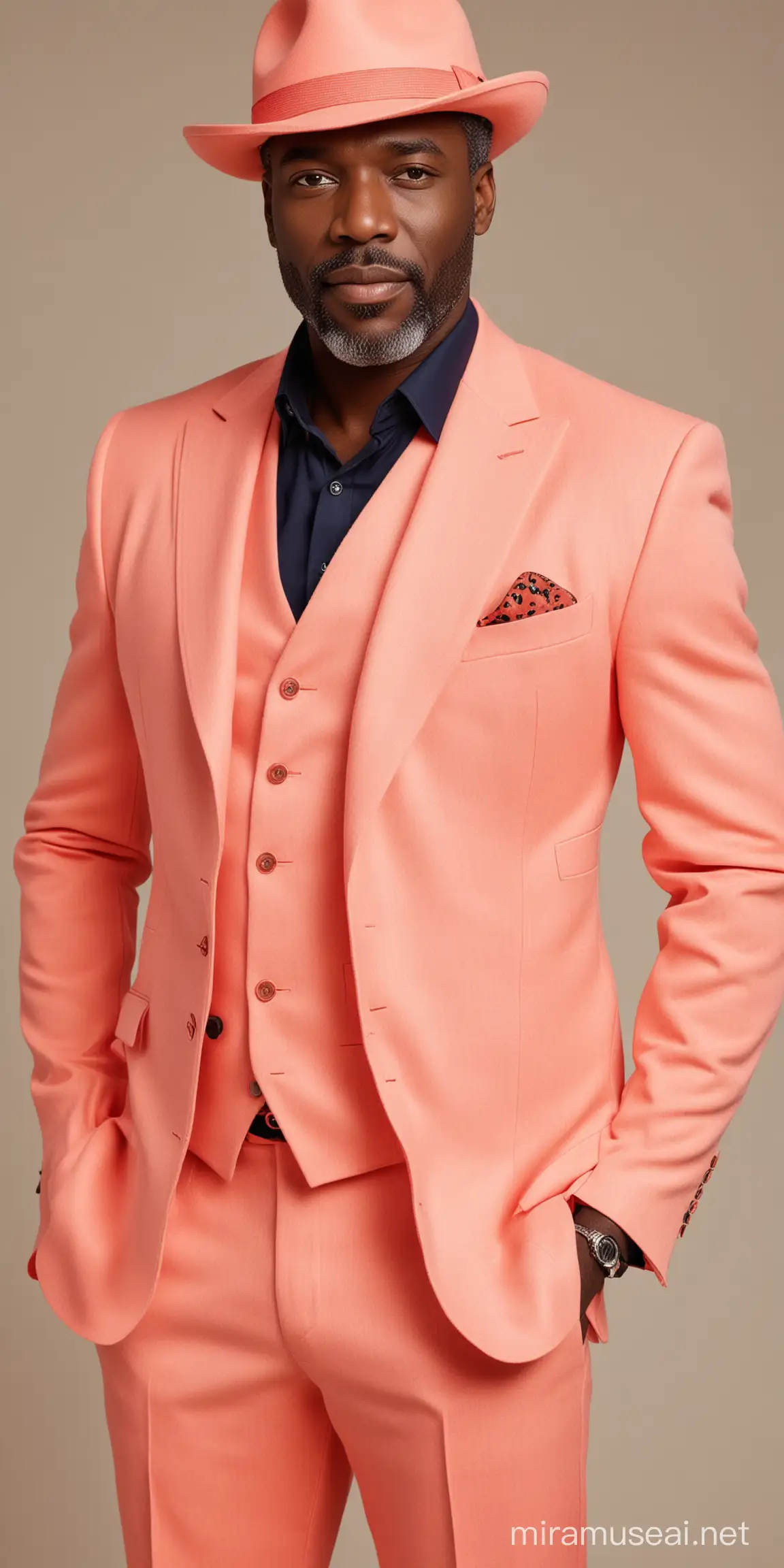 Stylish Middleaged Black Man in Coral Suit and Trilby Hat