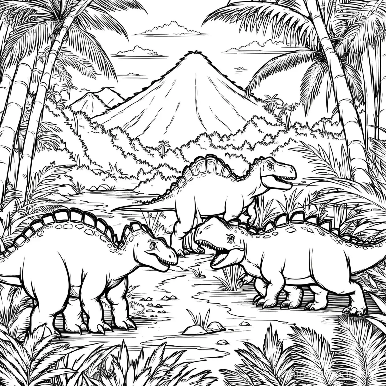 Colorful Jungle Scene with Dinosaurs for Childrens Coloring Activity