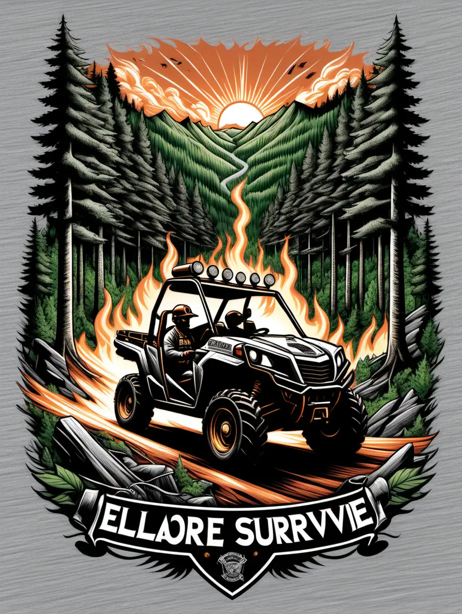 A T-shirt design featuring a detailed illustration of a guy driving a UTV, with ATVs and Side by Sides flanking, through a dense Appalachian forest for "Ride 2 Survive" Ellamore Fire Dept. The design captures the spirit of adventure and teamwork, with trees and mountainous terrain in the background. The department's name and motto are seamlessly integrated into the natural elements. Created Using: high contrast, bold lines, action-packed composition, realistic character and vehicle rendering, natural forest colors, depth and perspective,  hd quality, Spot Color light Grey Background