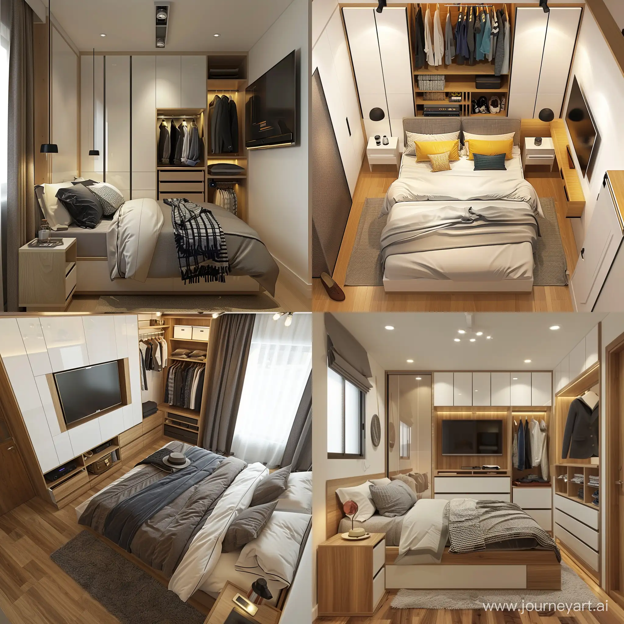 Design a small bedroom with a queen bed two bedside tables, a 2m wardrobe for clothes, a tv, and a tv cabinet. Use white and woodworking designs