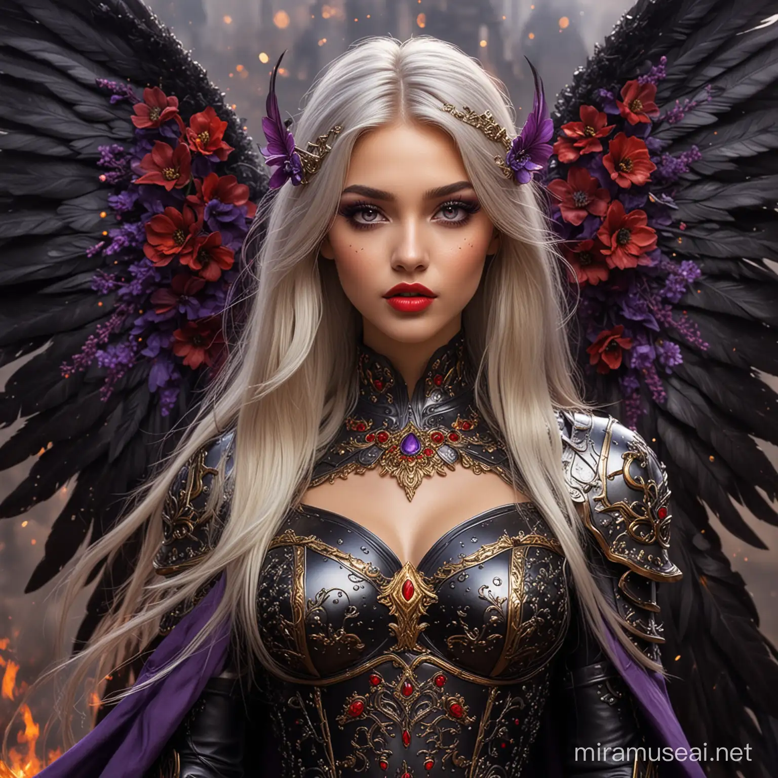 Fantasy Cartoon Enchanting Goddess in Vachirian Steel Armor with Wings of Glittering Darkness
