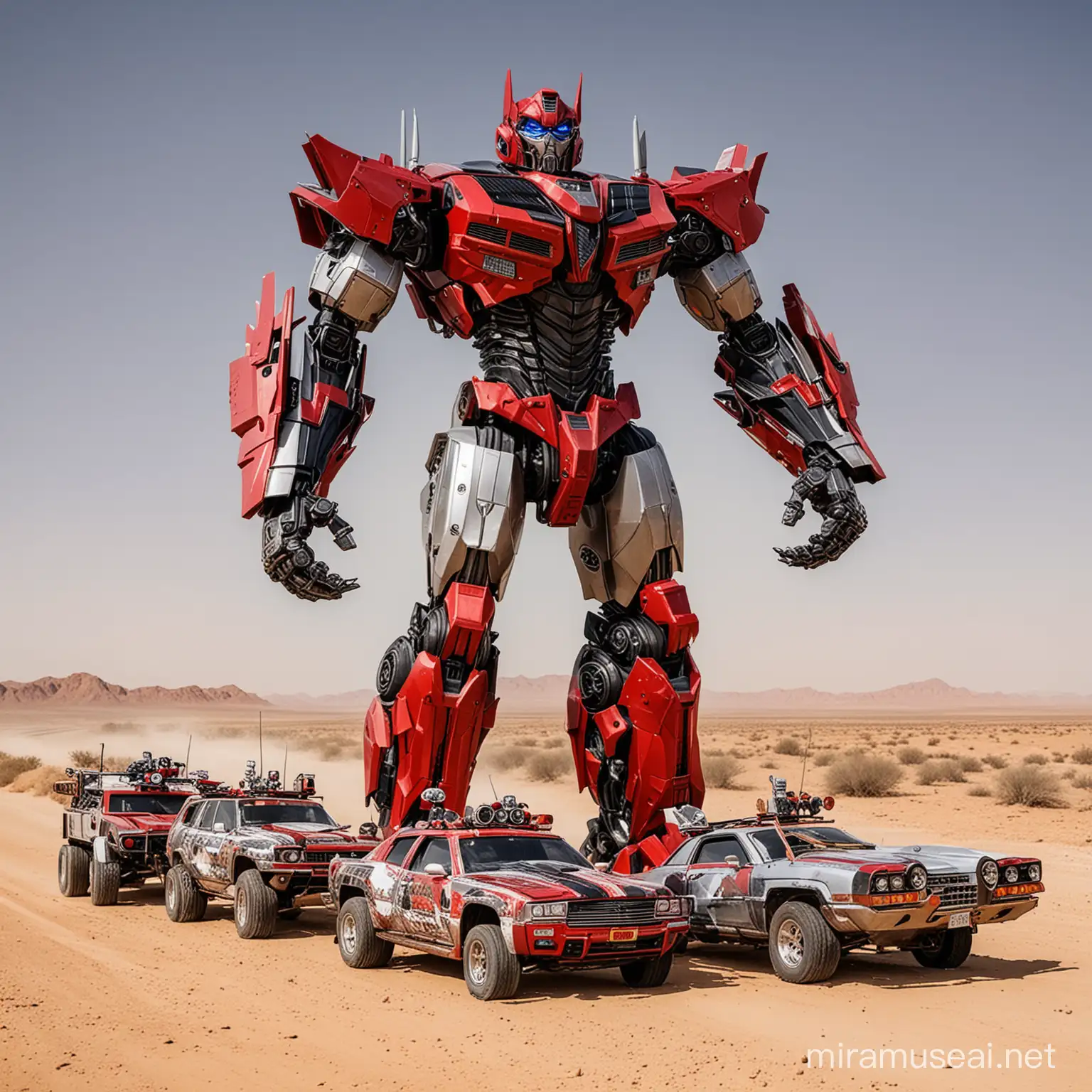 A super  transformer with red black and silver colour having cocktail on oil can standing on desert battle  road with his super transformer cars suggest best of the best view 
