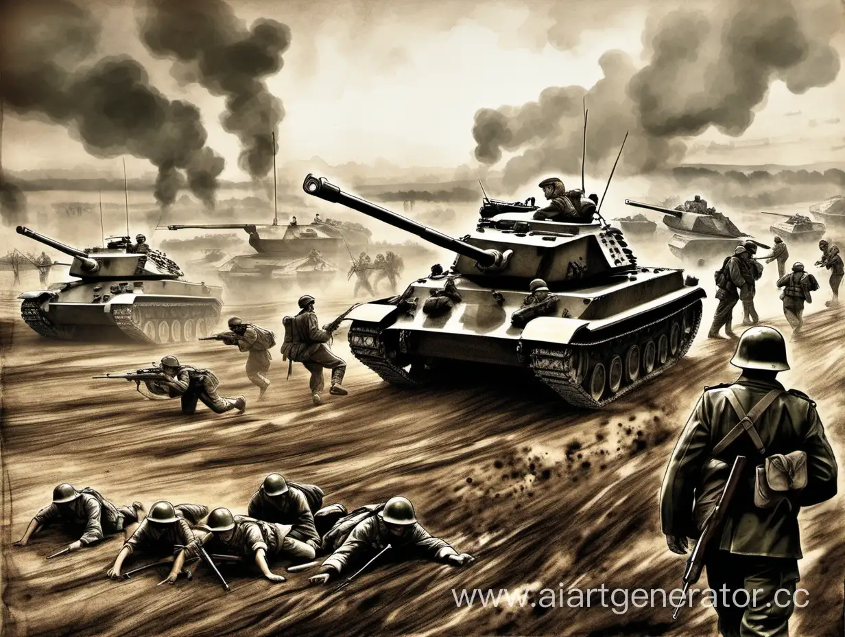 рисунок солдат и танков на фоне поля сражения

