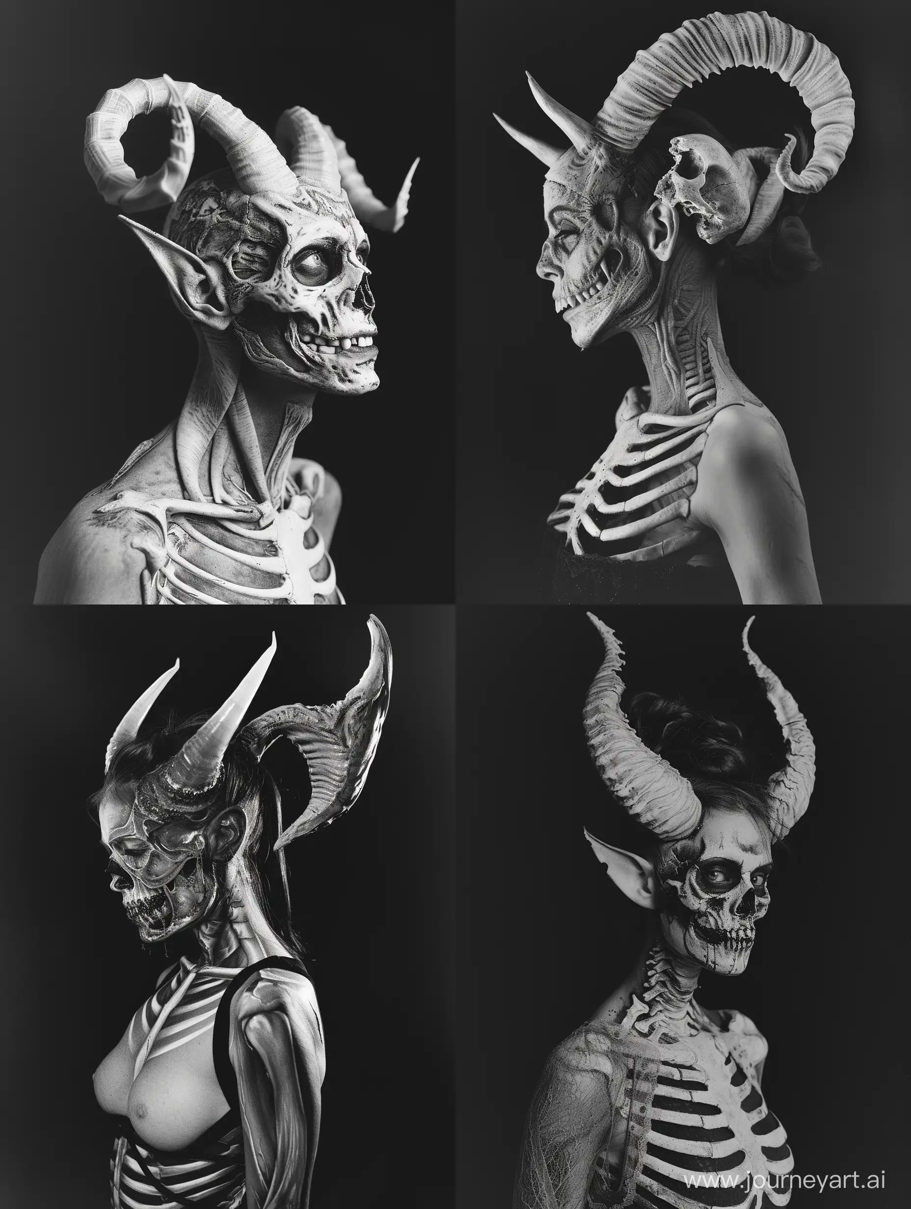 Eerie-Grayscale-Portrait-Beautiful-Lady-Demon-with-Horns-and-Skeletal-Anatomy