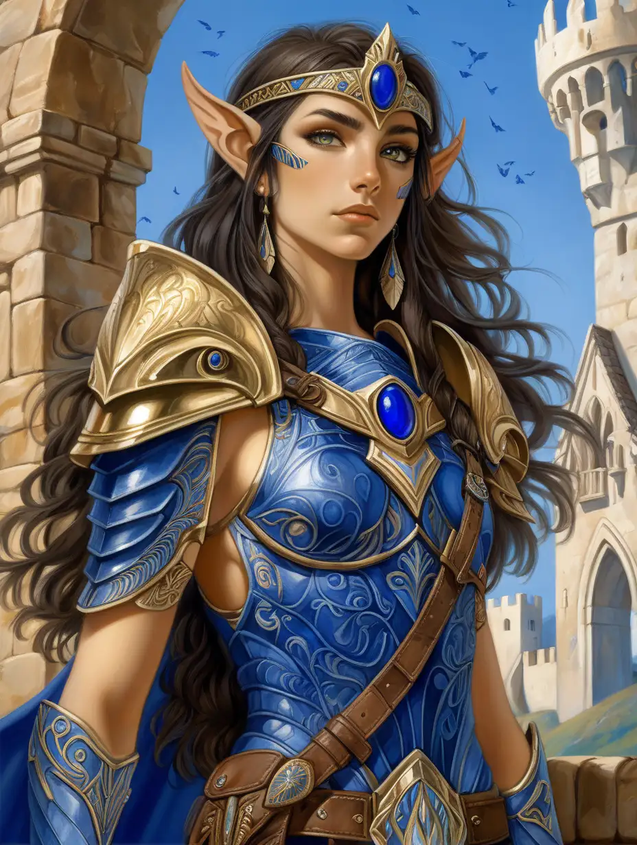 Athena's chosen warrior, stands leaning against the castle wall. a dark wavy haired Spanish elven warrior, her beautiful features and confident countenance give her an air of wisdom and dignity. She wears lapis lazuli blue gemstone armor with gold and ivory filigree trim. her almond colored skin lends her an exotic beauty. Owl themed, she has brown owl feather behind her ears