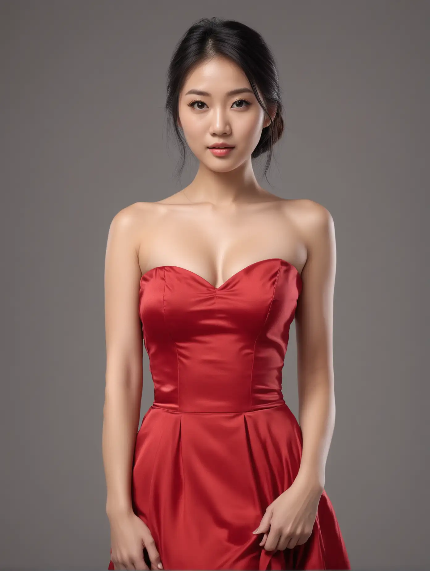 Elegant Asian Woman in Cherry Red Dress High Definition Portrait on Monochrome Background