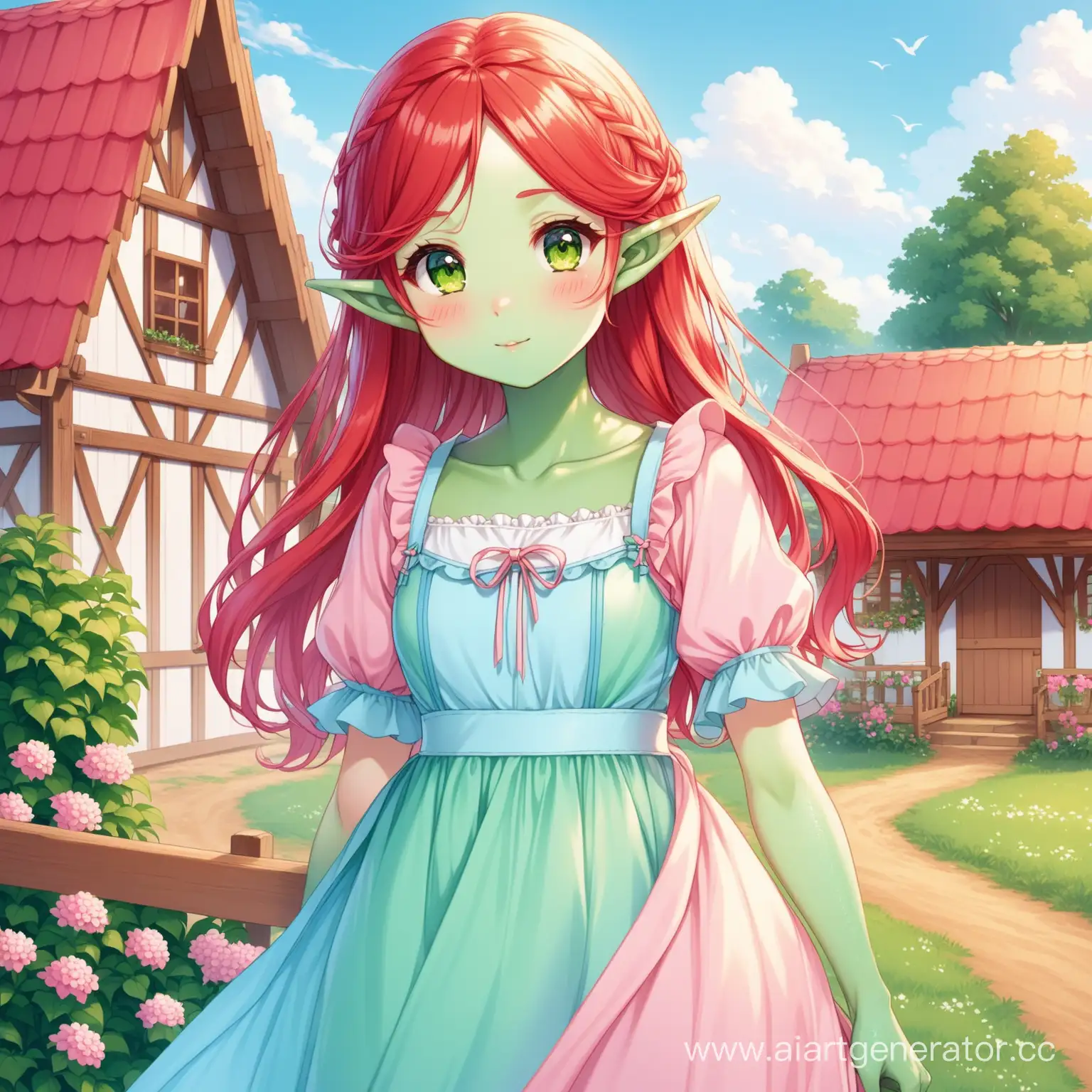 Enchanting-Elf-Girl-with-Green-Skin-and-Red-Hair-in-Pastel-Blue-and-Pink-Dress-in-Cottage-Style-Setting
