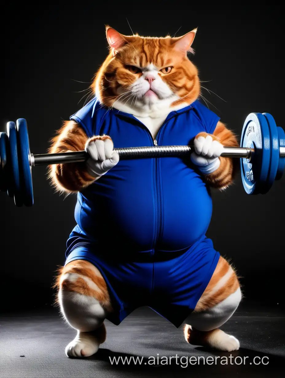 fat red cat, in a tracksuit, playing sports, barbell, dumbbells, gym