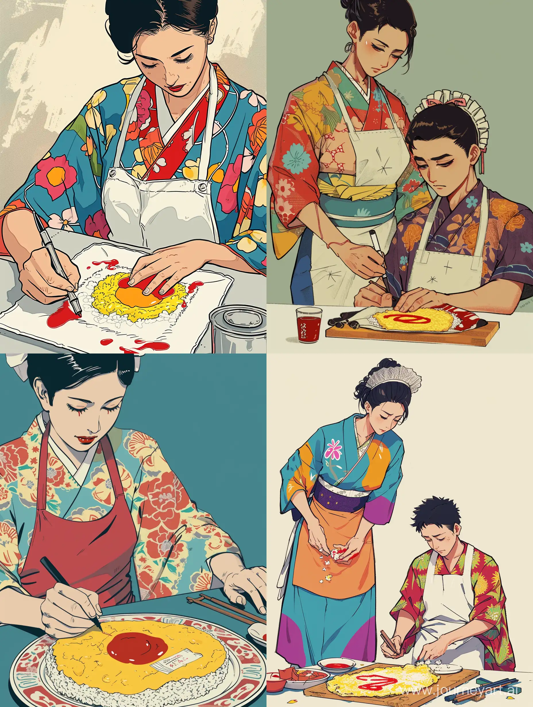 Serious-Japanese-Maid-Creating-Artistic-Ketchup-Omelet-Rice